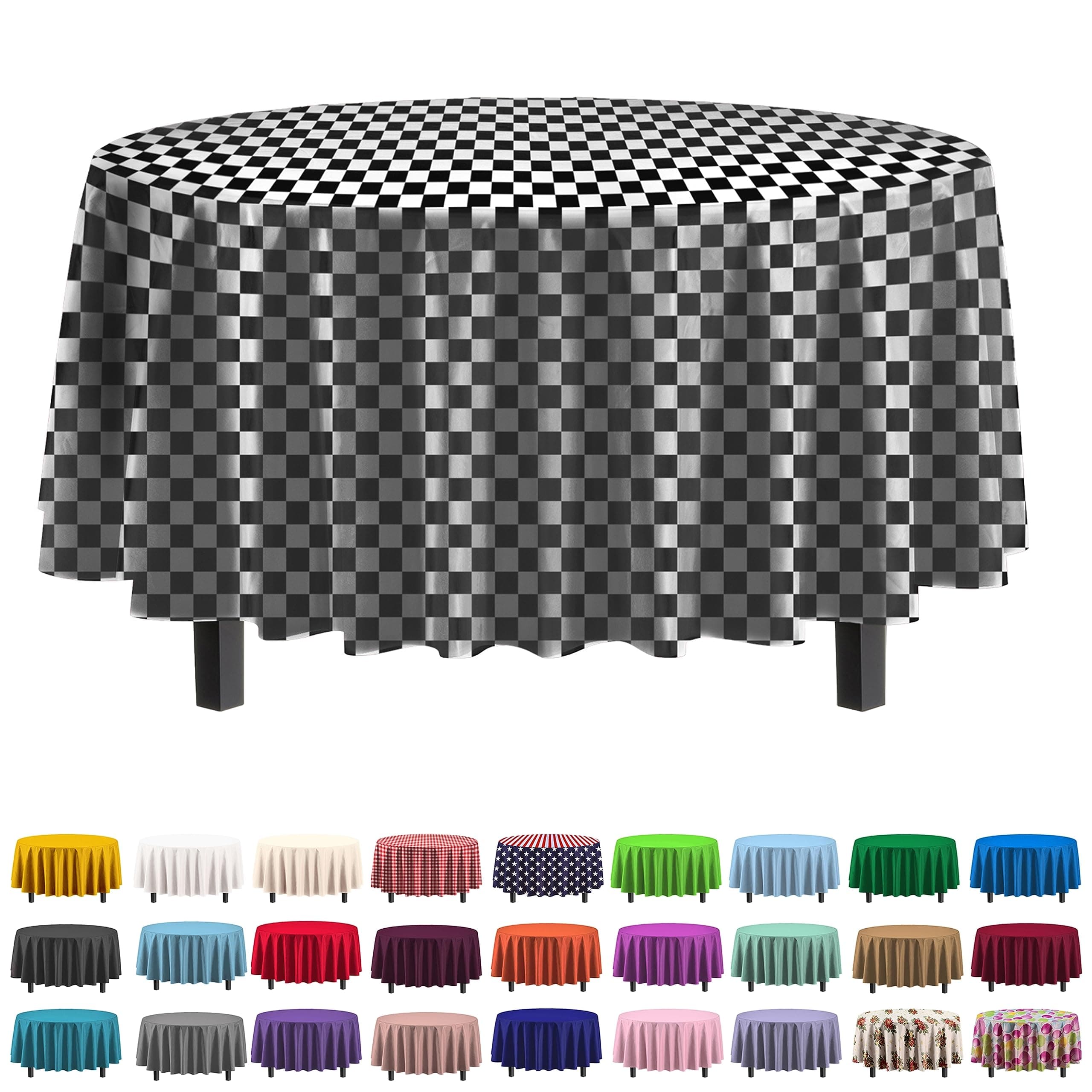 Exquisite 12-Pack Premium Plastic Tablecloth Pack of 12 - Premium Plastic Tablecloth 84 Inch Round Table Cover - Checkered