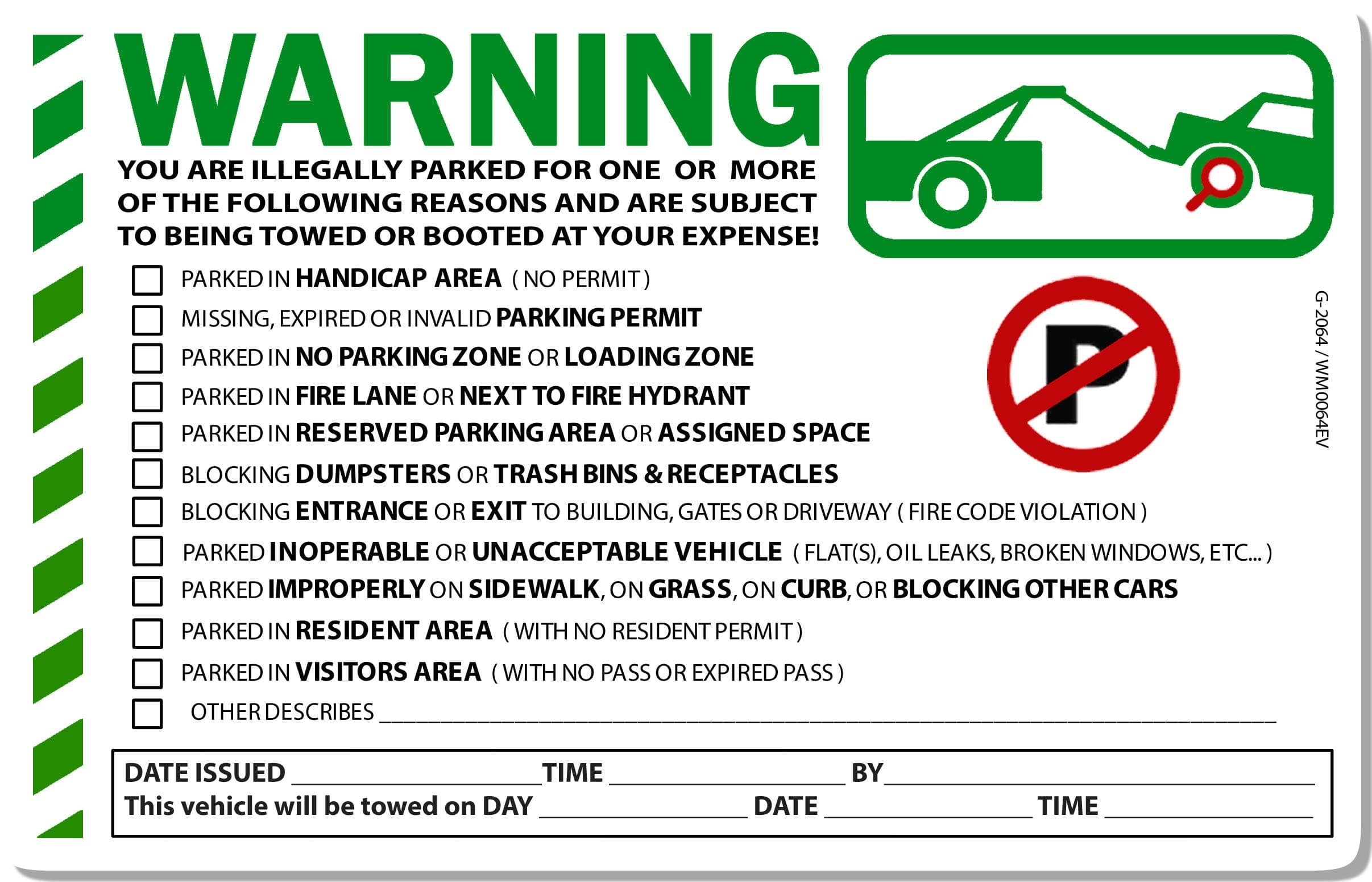 50 White & Green Multi-Reason Warning Violation No Parking Towing Car Window Sign Stickers 8X5