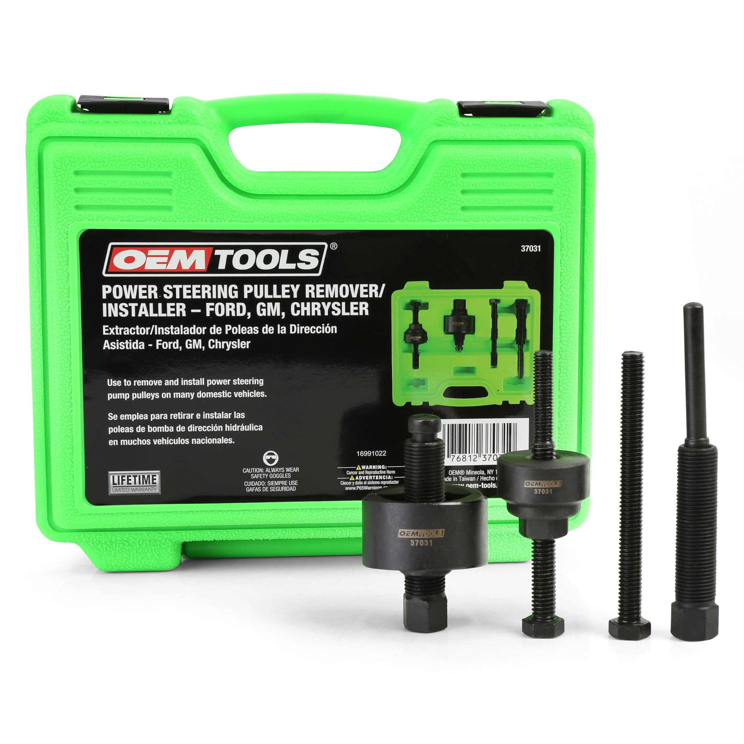 OEMTOOLS Power Steering Pulley Puller and Installer Kit, Removes and Installs Power Steering Pump Pulleys on Most Domestic Vehicles, Ford, GM, VW, 37031 Green Case