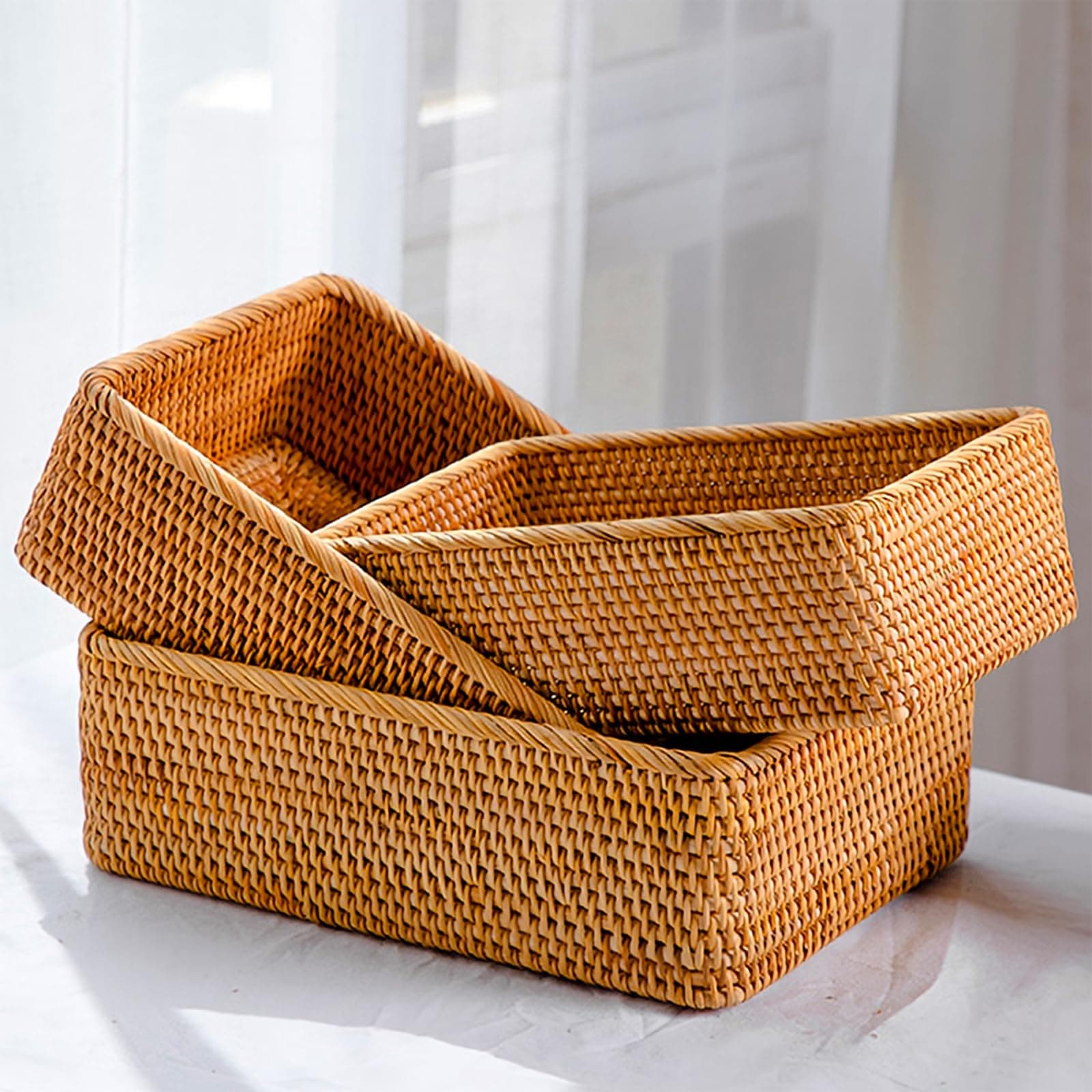 ZENFUN 3 Pack Natural Rattan Storage Baskets, Rectangular Woven Fruit Baskets for Decor, Handmade Woven Nesting Bread Baskets for Organizing, Serving, for Kitchen, Home, 3 Sizes