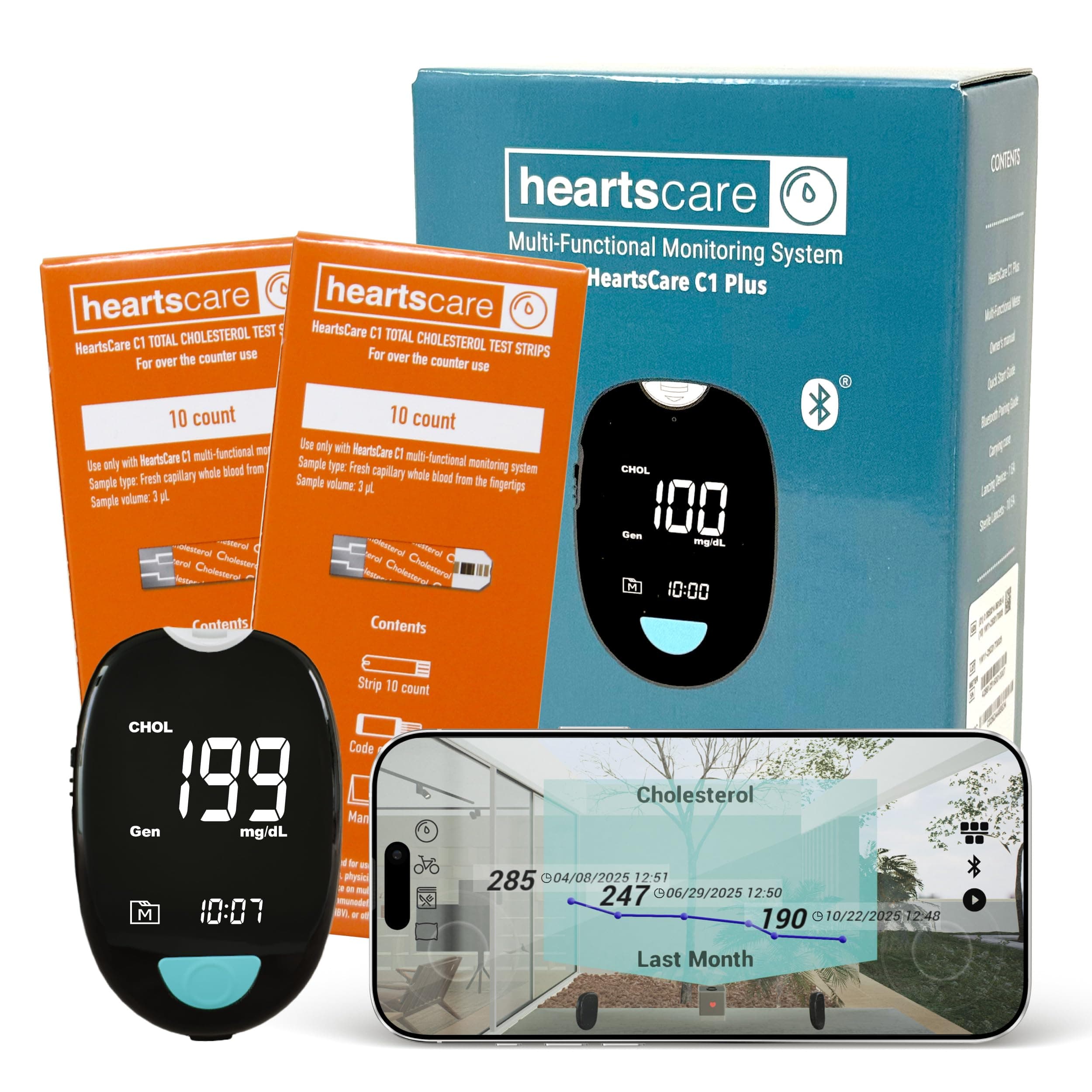 HeartsCare Total Cholesterol Testing kit - 20 Strips and 1 Meter with 3D Bluetooth HeartsHome app - Diet and Fitness Tracking