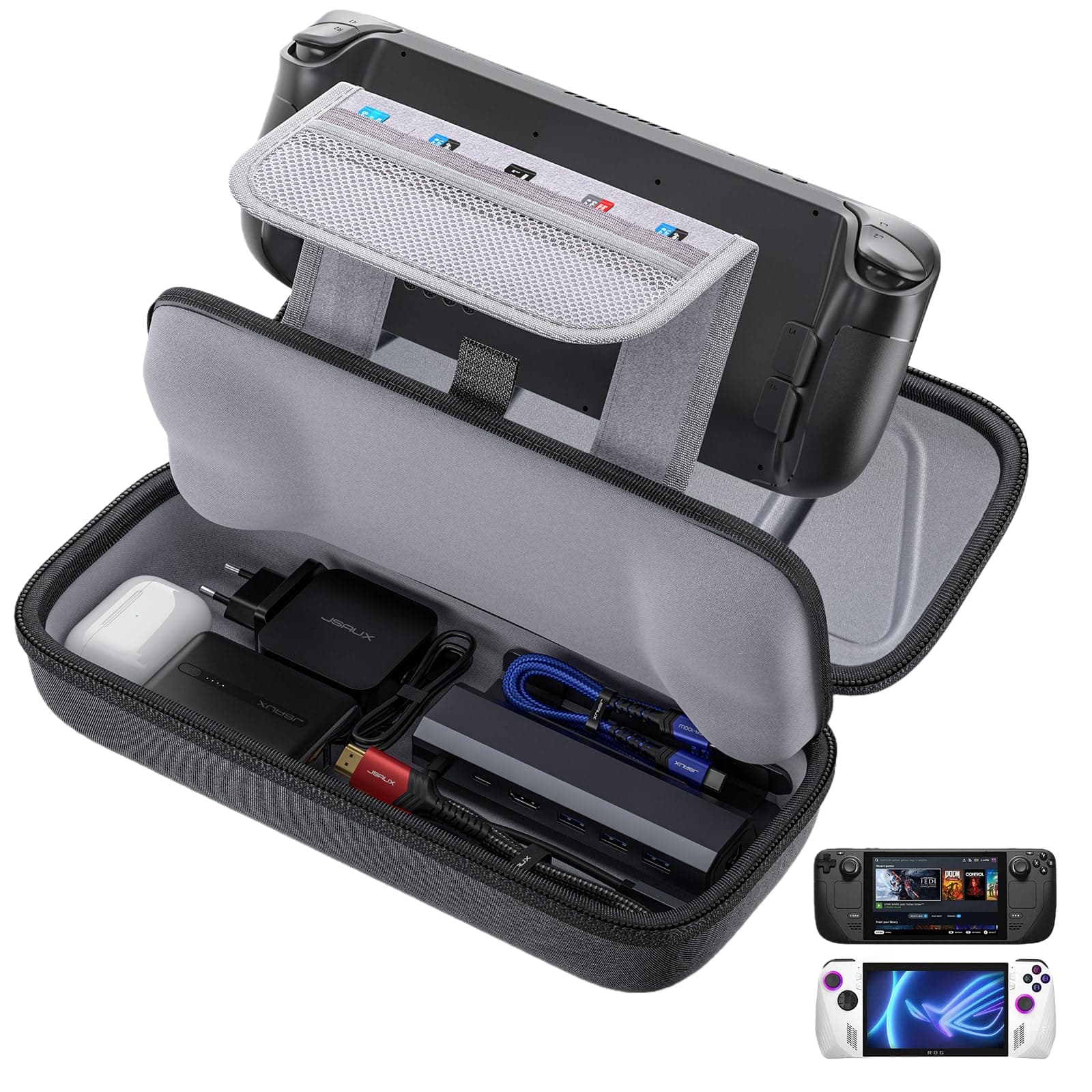 JSAUX Carrying Case Compatible with Steam Deck/ROG Ally, Protective Hard Shell Travel Case Fits Charger & Dock, Portable Bag for Steam Deck OLED/ROG Ally X
