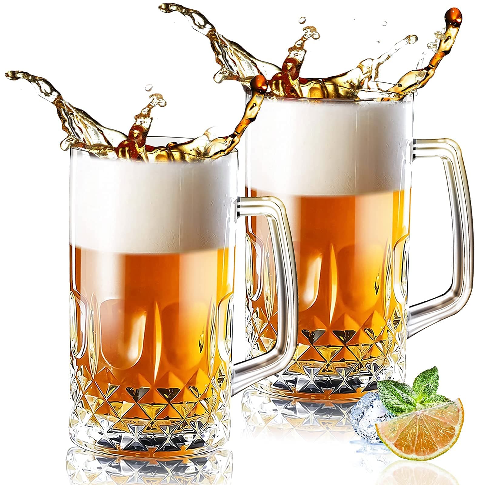 32 Ounces Beer Stein Mugs - 2 Pack Extra Large German Style Clear Tall Beer Glasses for Men - Heavy Duty Thick Glass With Handle