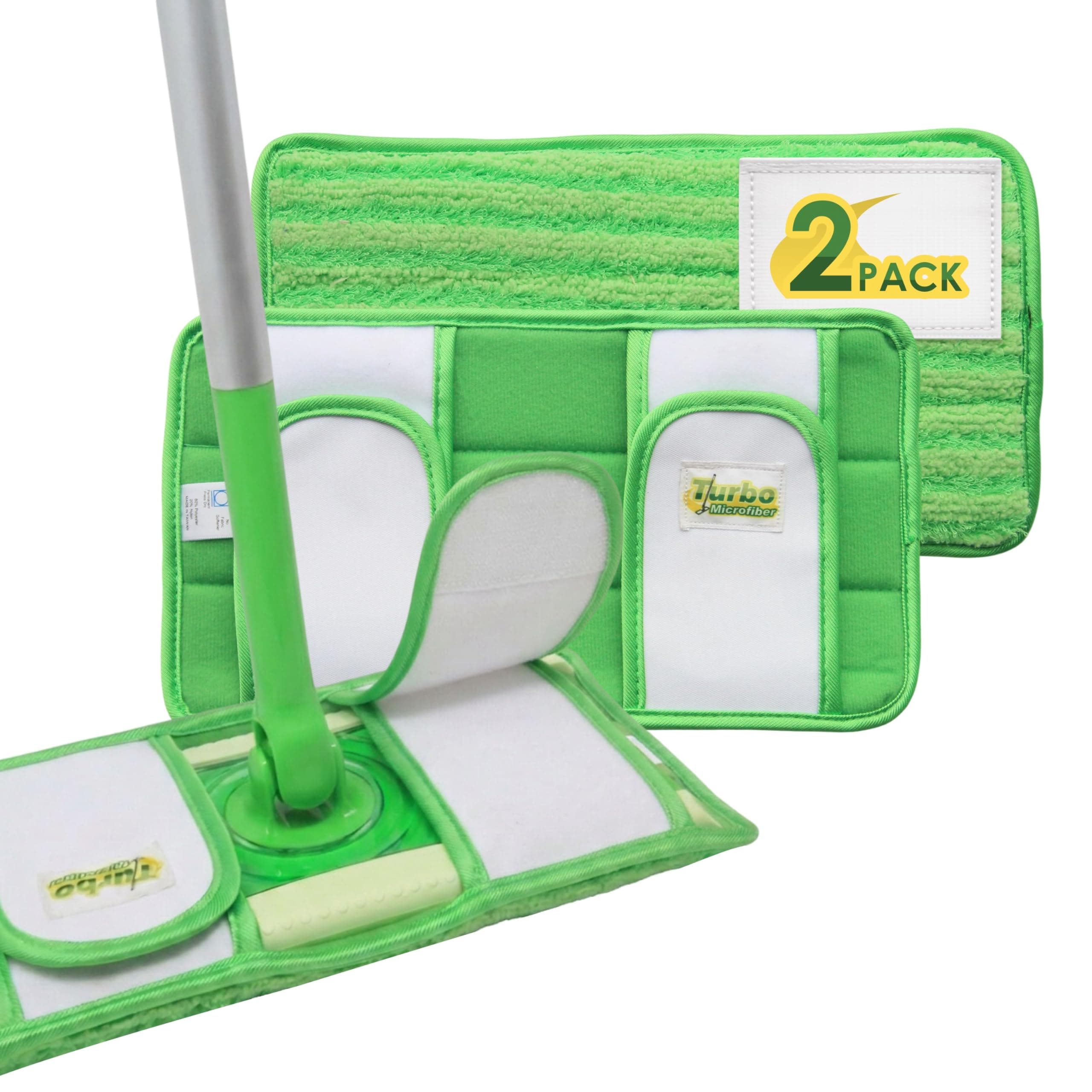 Reusable Pads Compatible with Swiffer Sweeper Mops - Washable Microfiber Mop Pad Refills by Turbo - 12 Inch Floor Cleaning Mop Head Pads Work Wet and Dry - 2 Pack