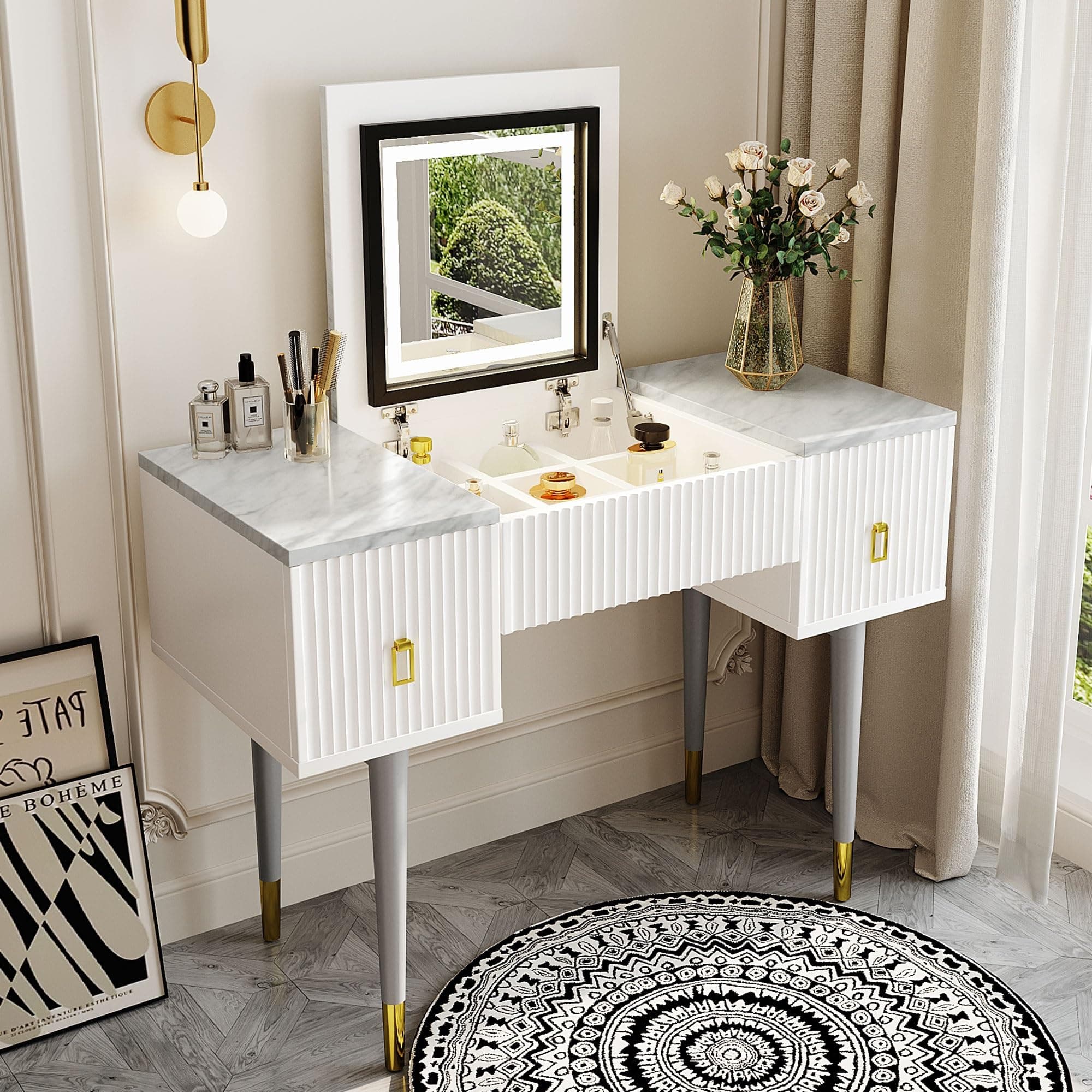 JOYART 43.3" Modern Vanity Table Set with Flip-top Mirror and LED Light, Dressing Table with 2 Drawers,Customizable Storage, Marble-Style Stickers Tabletop-White+Gray