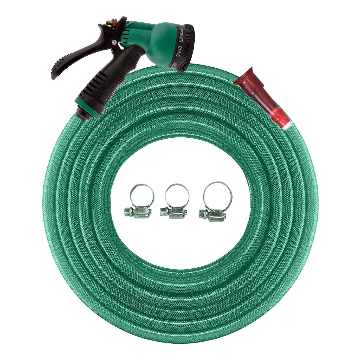 CINAGRO 30m x 0.5" Heavy Duty 3-Layer PVC Braided Garden Hose with 8-Mode Spray Gun, Tap Adapter & 3 Clamps (Green, 98.4 ft)