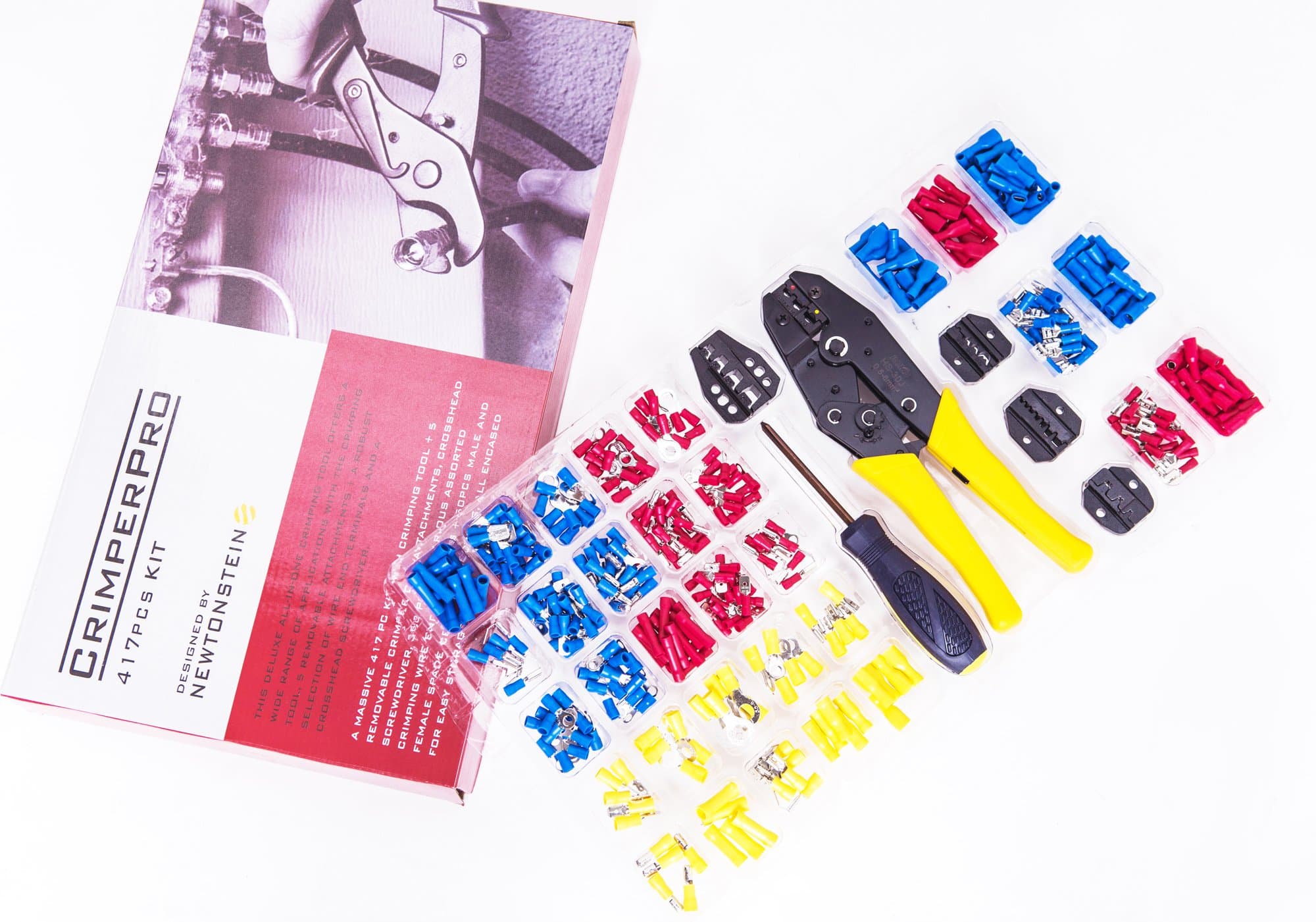 CrimperPro - 470 pc kit with Crimping Tool + 5 Removable Crimper dies/attachments, Crosshead screwdriver, 720 pcs of various Assorted Crimping Wire End Terminals + 100pcs male and female spade crimp connectors