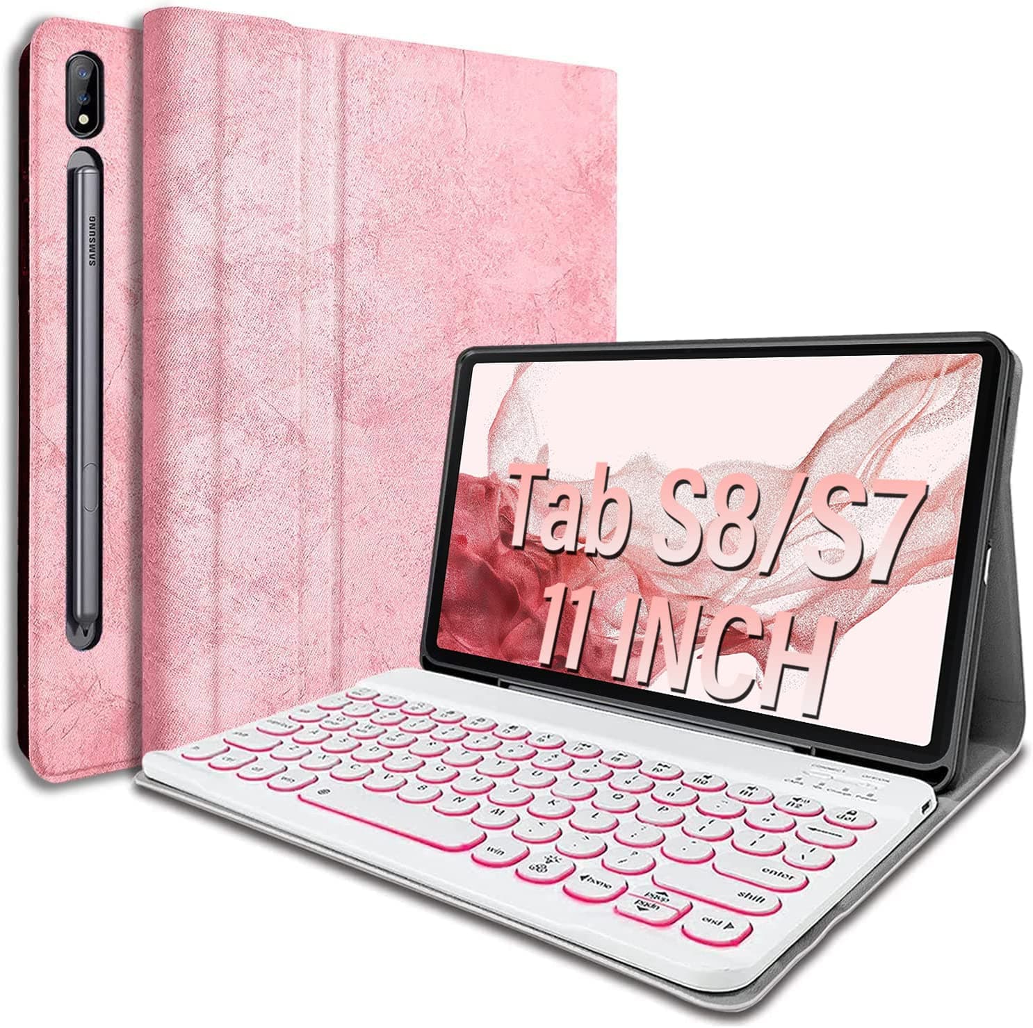 Wineecy Backlit Keyboard Case for Samsung Galaxy Tab S8 / S7 11 inch (SM-X700/X706/T870/T875/T876), UK Layout Magnetic Detachable Wireless Keyboard & Slim Folio Stand Cover with S Pen Holder (Pink)