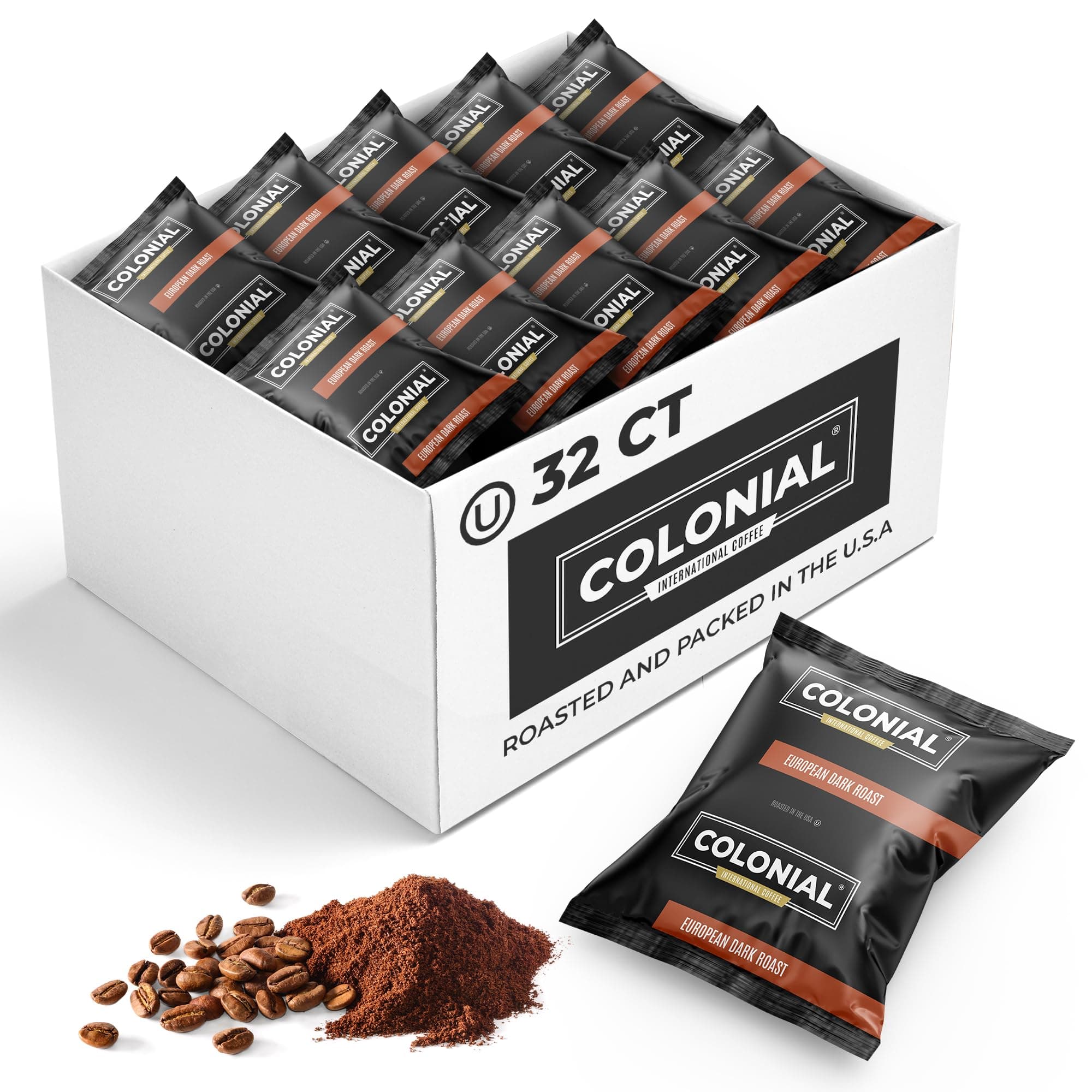Colonial Coffee 32 Count Single Pot Coffee Packets – 100% Arabica Decaf Colombian Medium Roast | Pre-Measured Frac Packs for 12 Cup Maker | Bulk Ground Gourmet Coffee for Home & Office