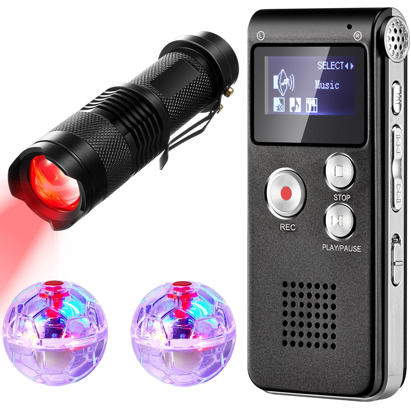 Relaxweex 4 Pcs Ghost Hunting Equipment Kit Include 1 Red Light Night Vision Flashlight for Ghost Hunting Camera Camcorder 1 Digital Voice Recorder 2 LED Light up Pet Cat Balls Paranormal Equipment