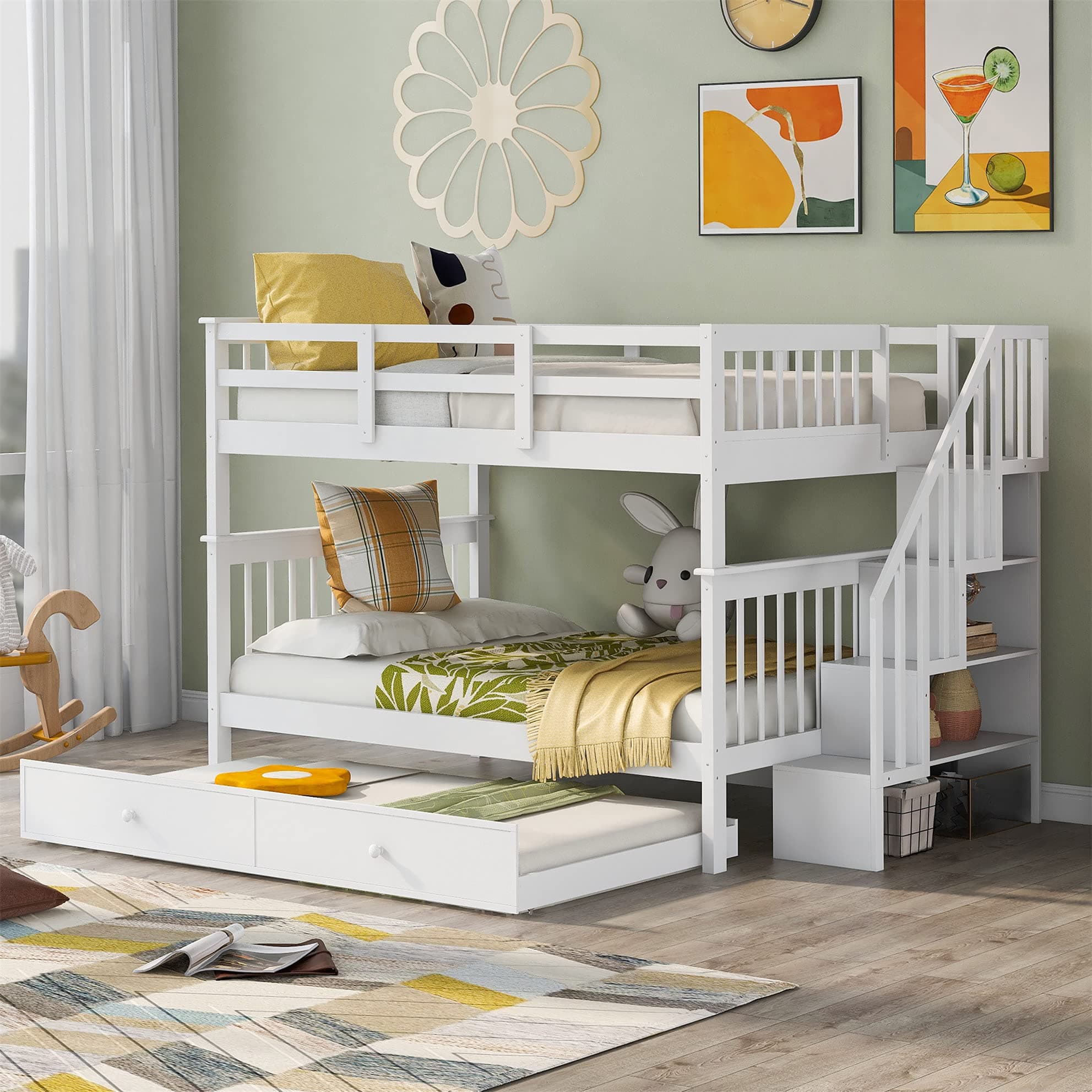 Harper & Bright Designs Full Over Full Bunk Bed with Stairs and Trundle, Wooden Bunk Bed Frame with Storage, for Kids Teens Adults - White