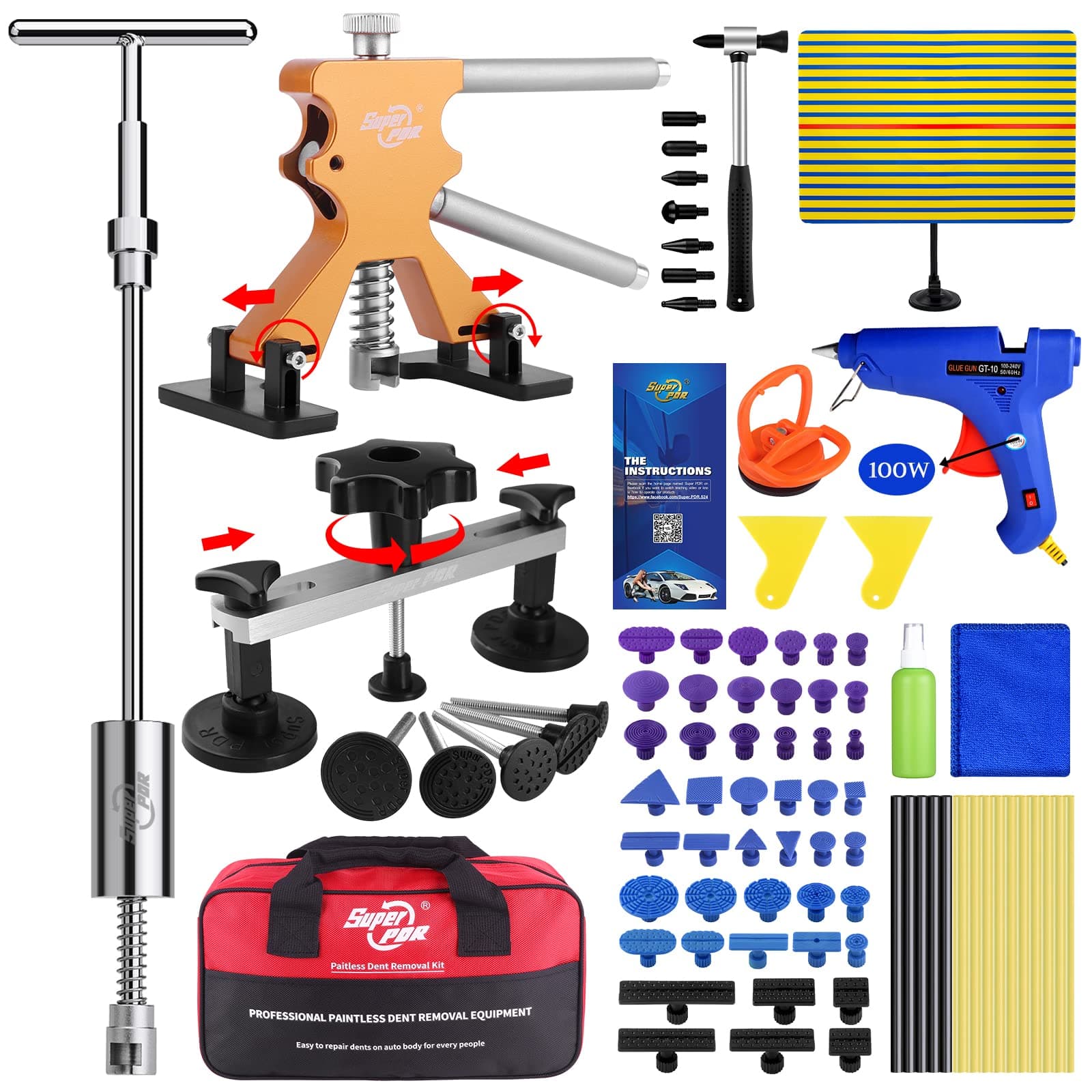 Fly5D Paintless Dent Repair Tool Kit 74 PCS Full Set Car Dent Removal Tool with Gold Dent Puller Lifter, Bridge Puller, T-Bar Puller for Repairing Big Dents, Small Dents, Dings and Hail Damage