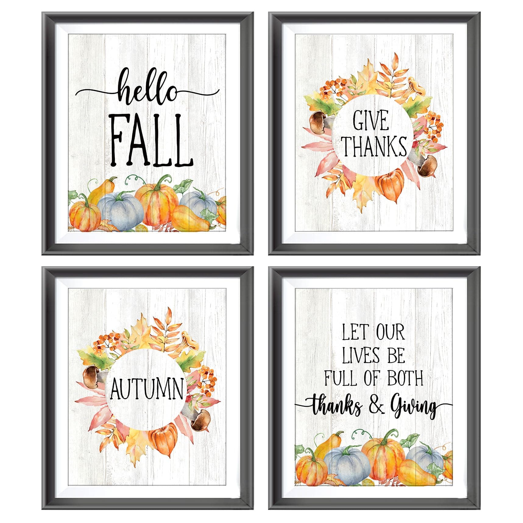 Rustic Hello Fall Pumpkin Botanical Maple Leaves Thanksgiving Poster Prints for Home Farmhouse Kitchen Living Room Decor, Autumn Fall Themed Decorations Prints Wall Art Unframed 4pcs 8x10inches