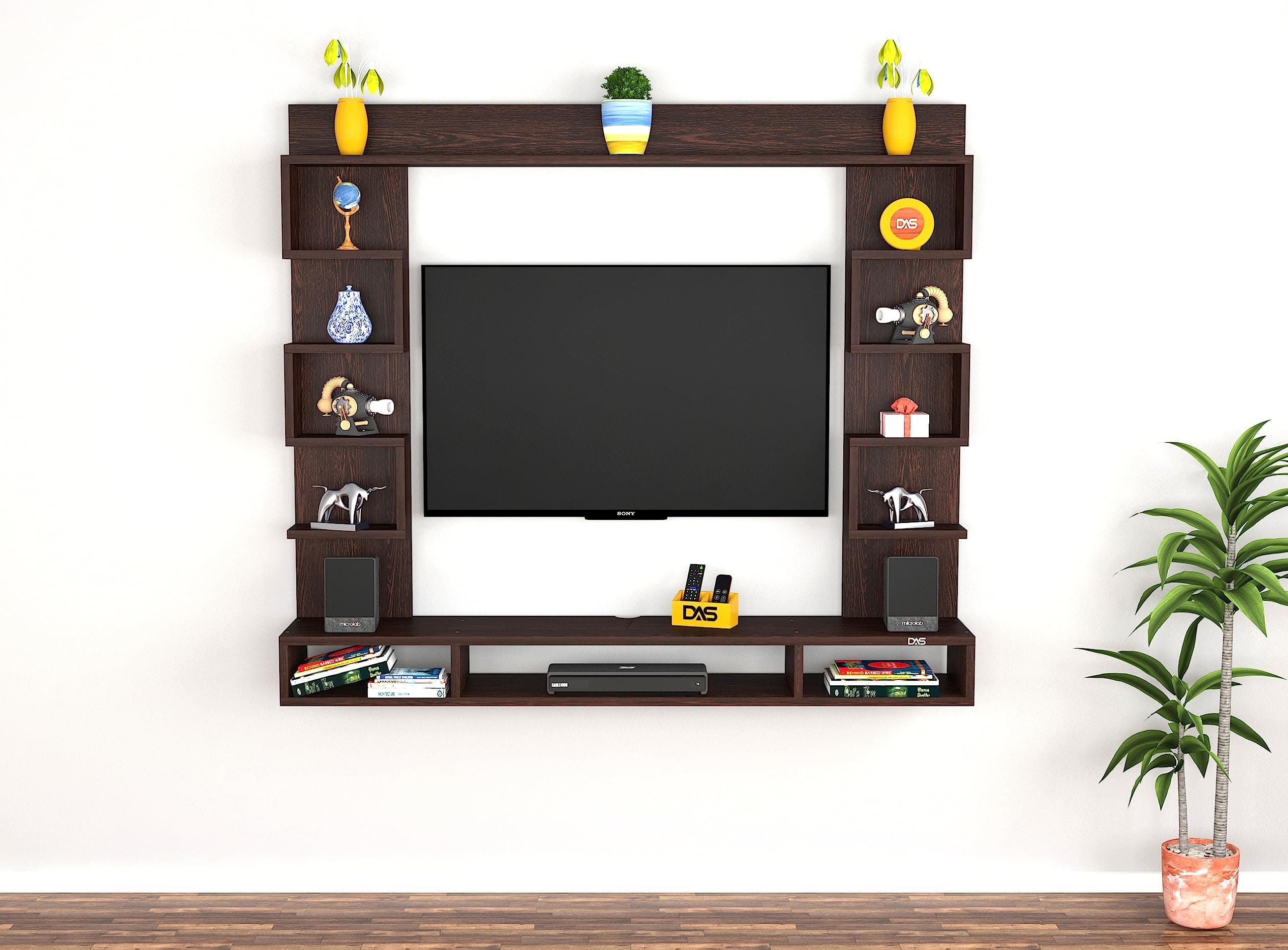 DAS Heller MINI Wall Mount Engineered Wood TV Entertainment Unit/Tv Rack Set to Box Stand with Wall Shelves for Living Room Flowery Wenge Finish (Ideal for up to 32") Screen