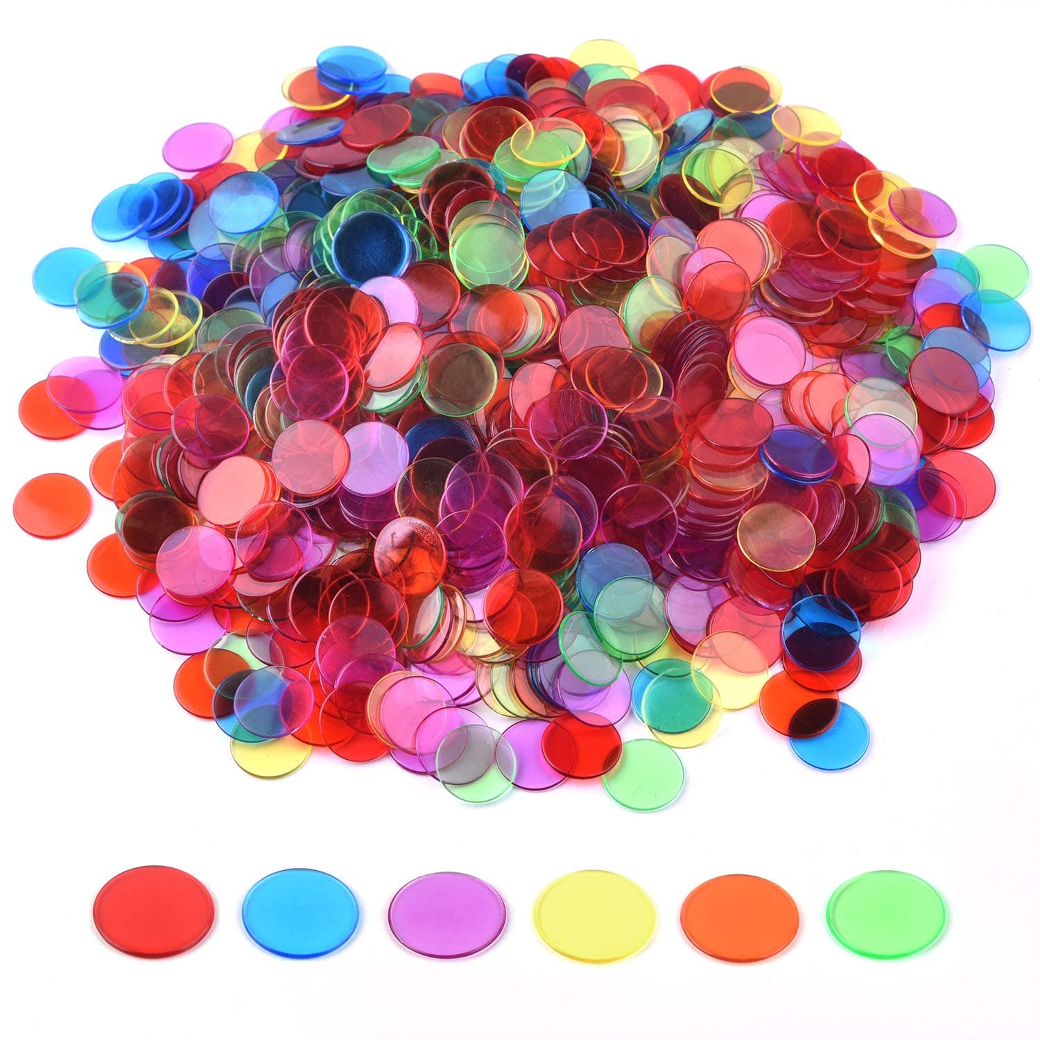 Coopay 900 Pieces Counters Counting Chips Plastic Markers Mixed Transparent Colors for Bingo Chips Game Tokens, Contain White, Blue, Green, Yellow, Red, Purple Colors