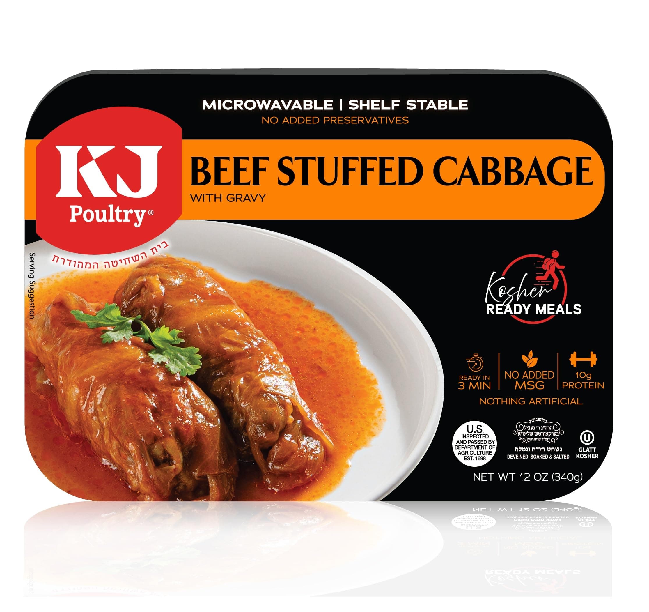 KJ Poultry Kosher Ready Meals - Beef Stuffed Cabbage Rolls, MRE Meat Meals Ready to Eat, Gluten Free (1 Pack) Prepared Entree Fully Cooked, Shelf Stable Microwave Dinner Travel Military Camping