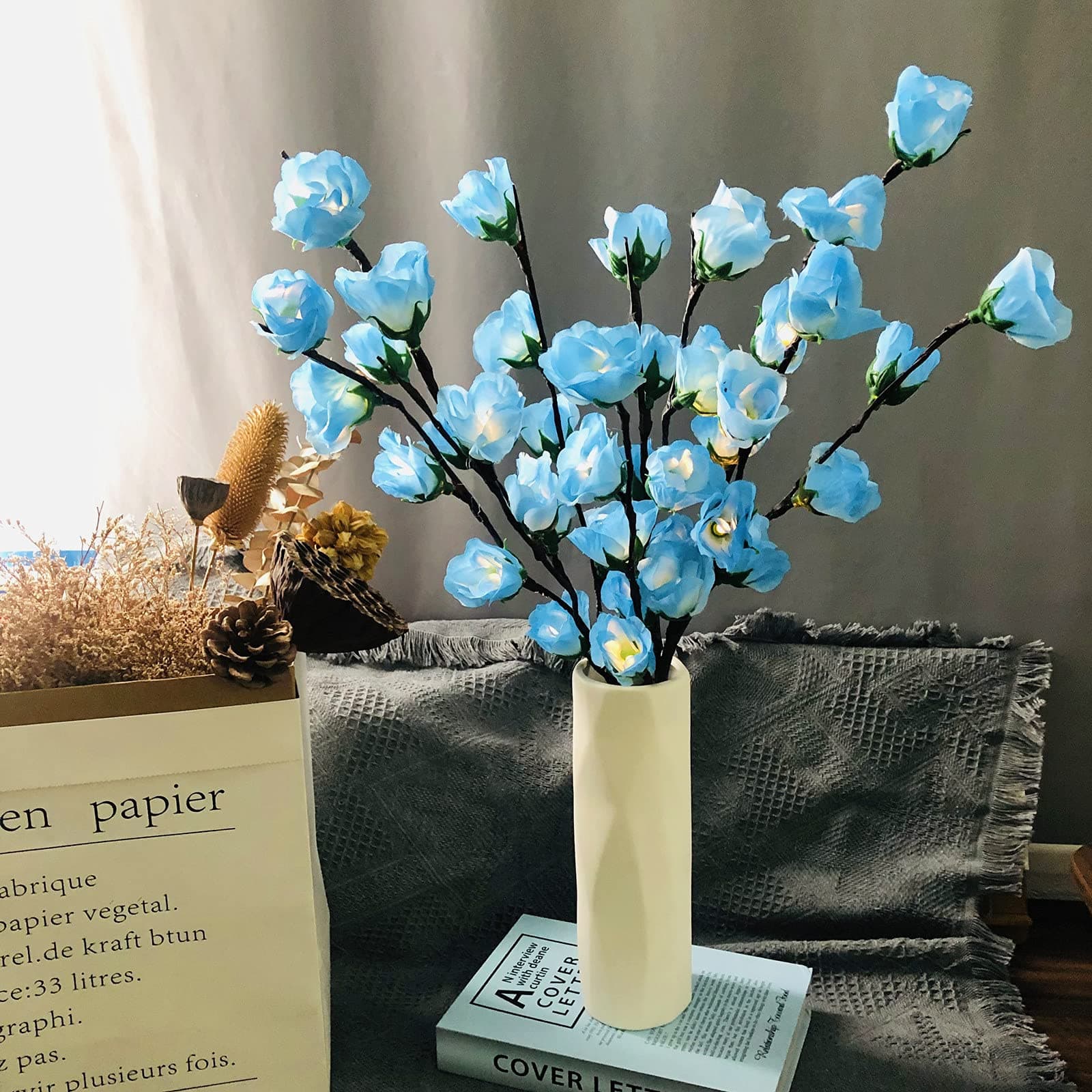 Riaxuebiy Artificial Blue Rose LED Twig Lights Tree Lighted Artificial Flower Branch Lights for Home Shop Windows Vase Table Room Wedding Christmas (Blue Rose, 2pcs)