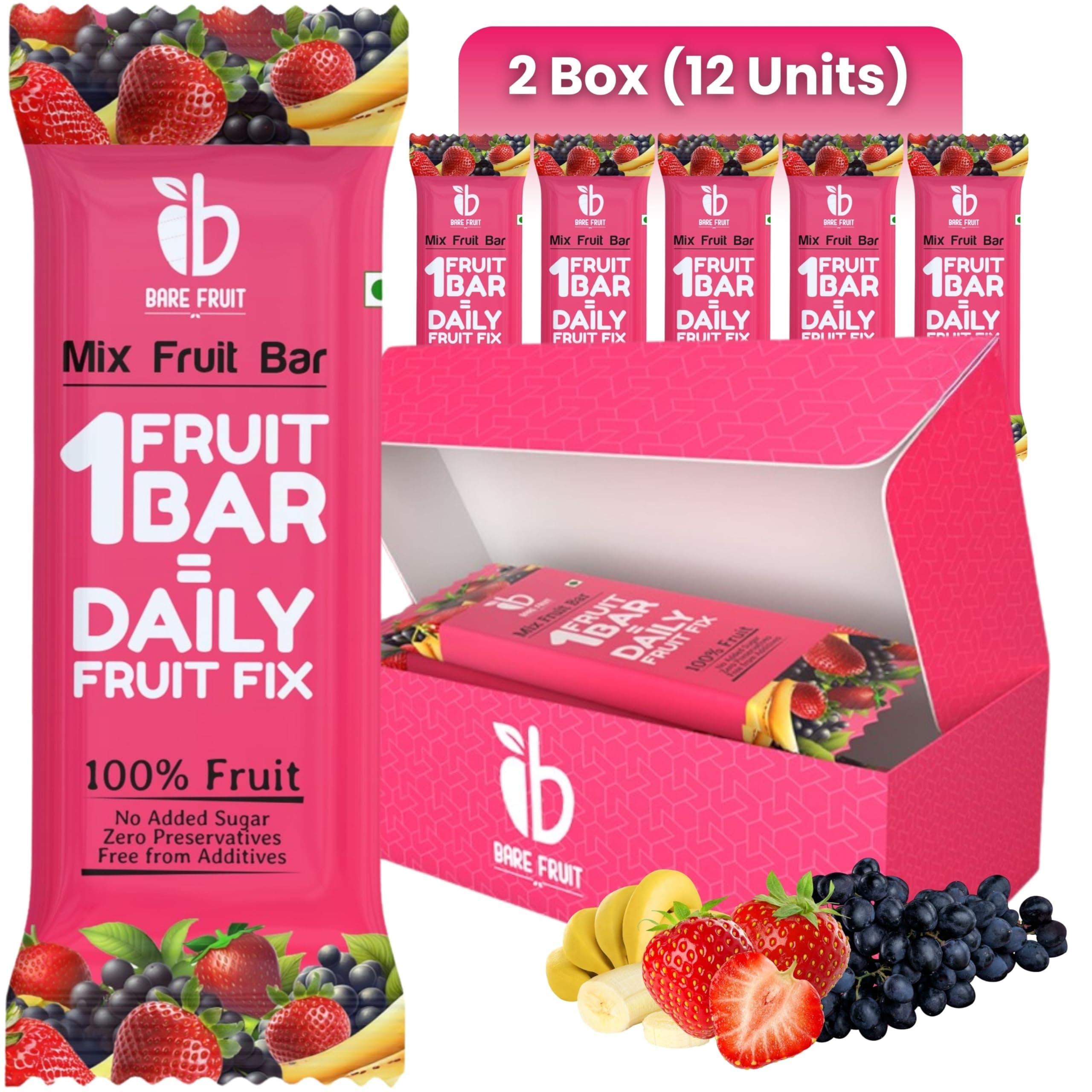 Barefruit 100% Mix Fruit Bar|Healthy Breakfast Diet Energy Snacking Bar For Kids & Adults|Plant Based Protein & Fibre|(Pack Of 2 (12 Units),Mixed Fruit Strawberry),200 Grams