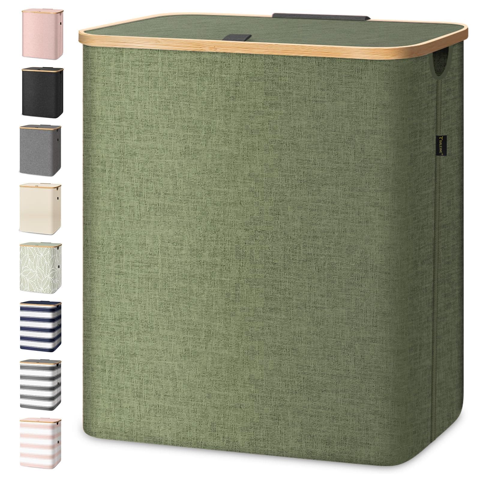 BALEINE Laundry Hamper with Lid, Tall Laundry Baskets with Bamboo Pull Handles, Large Laundry Bin with Internal Support (36 Gal/140L, Green)