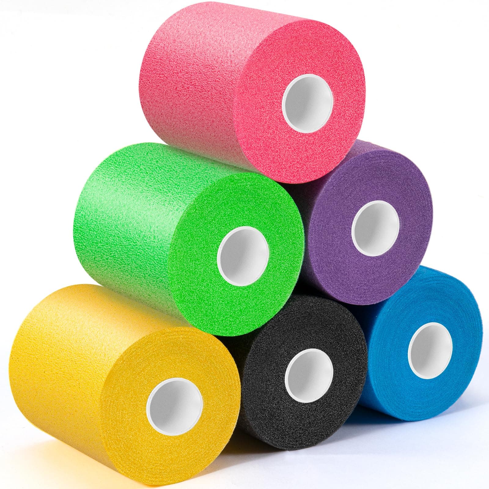 Upgraded 6 Pack Pre Wrap Athletic, Multi Color Prewrap Athletic Tape for Hair Soccer, Soccer Sports Pre Wrap Tape, Pre-Wrap Foam Underwrap Tape - Pink, Black, Blue, Purple, Green, Yellow