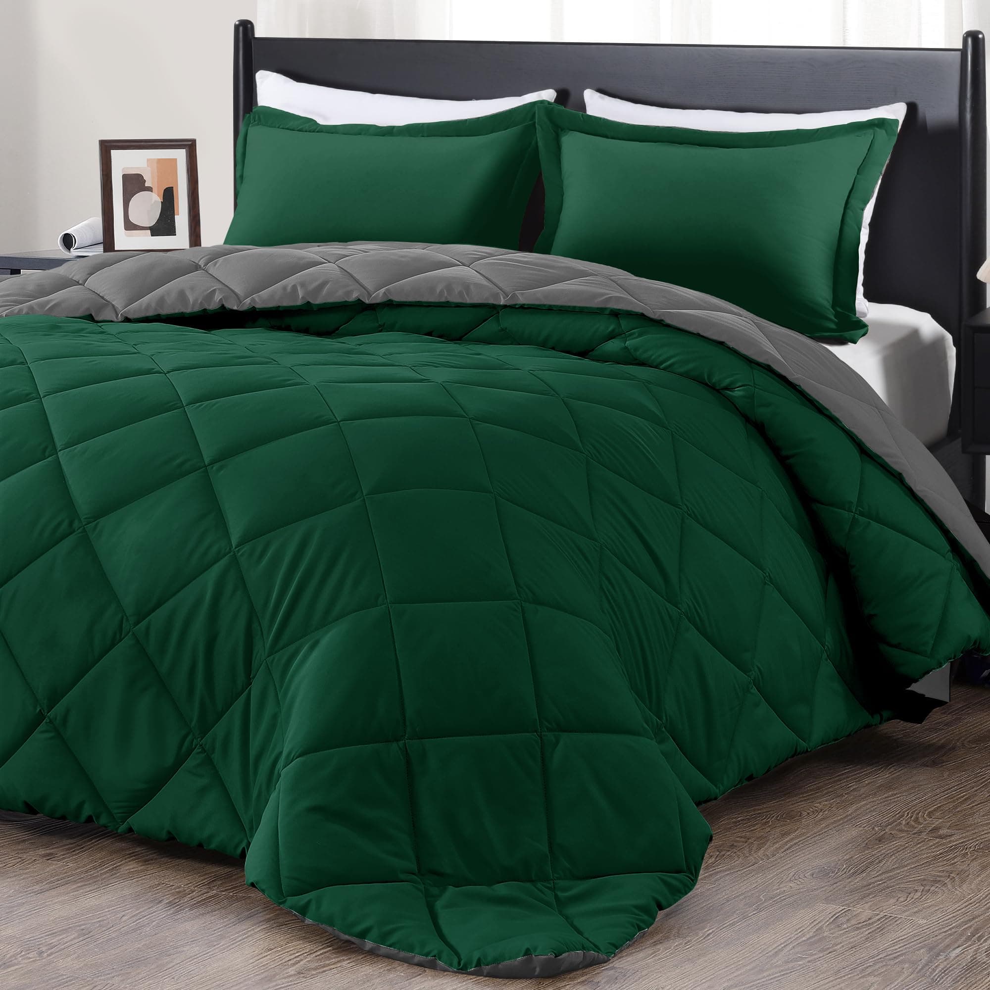 downluxe Queen Comforter Set - Dark Green and Grey Queen Comforter, Soft Bedding Sets for All Seasons -3 Pieces - 1 Comforter (88"x92") and 2 Pillow Shams(20"x26")