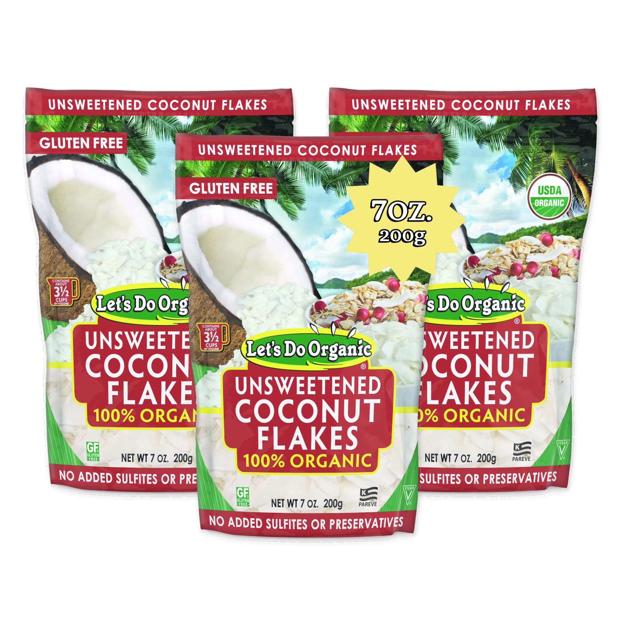 Let's Do Organic Unsweetened Coconut Flakes - Coconut Flakes Unsweetened Organic, Organic Coconut Flakes, Organic Flake Coconut - 7 Ounce (Pack of 3)
