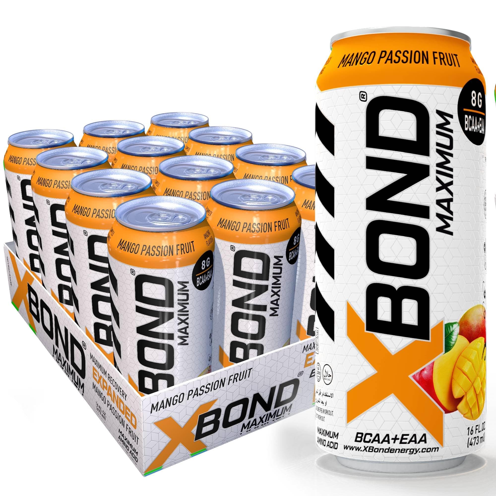 XBOND Maximum Recovery Passion Fruit Mango Expanded Maximum Amino Drink - BCAA + EAA Electrolytes Drink - 16 fl oz (473 ml) - 8g BCAA/EAA, Sugar Free 34 Calories, 60mg Caffeine Pack of 12