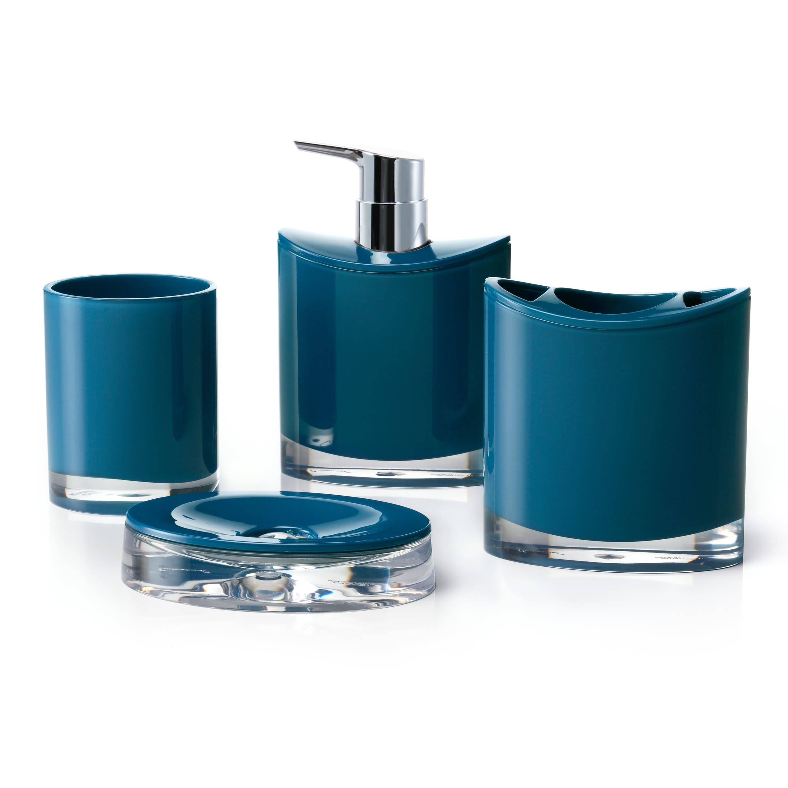 IMMANUEL Optic Designer 4-Piece Modern Blue Bathroom Accessory Ensemble Set, Tumbler, Toothbrush Holder, Lotion Dispenser and Soap Dish Included, Durable Scratch Resistant Acrylic Bath Organizer