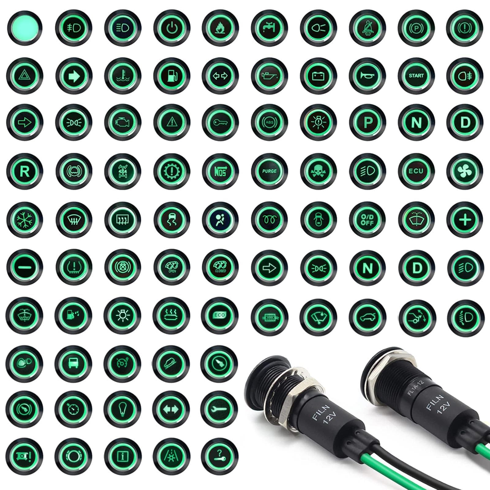 2 Pcs 12MM(1/2'') LED Indicator Light 180 Symbols Metal Dash with Wire Suitable for Car Dashboard Marine Truck Machinery Industrial Electrical Equipment (Black Anodized, [Green]/ 2 Pcs)