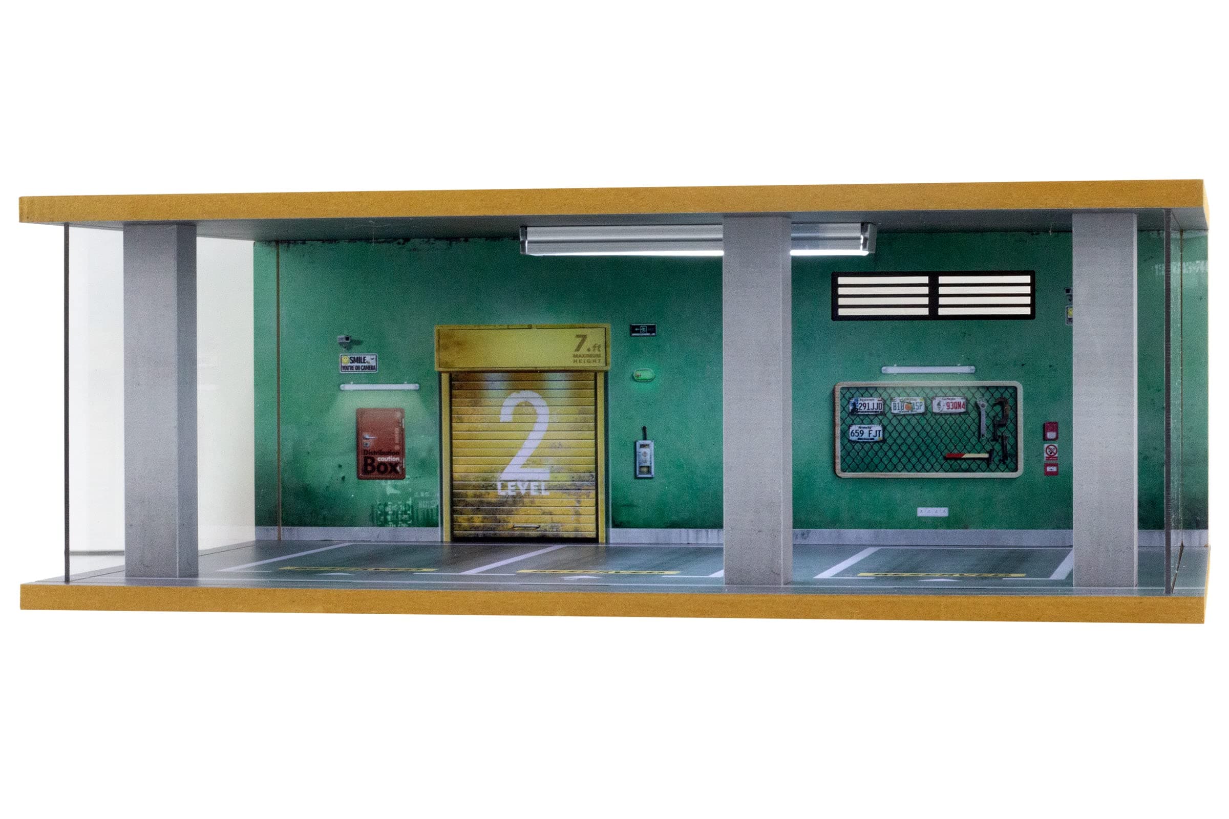 1/24 Scale Die-cast Car Diorama Display Case with Clear Acrylic Cover and LED Lighting for Diecast Model Cars, Lego Speed Champions Cars, Green Wall Style