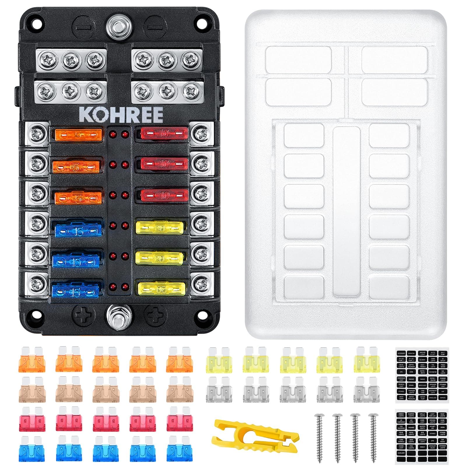 KohreeFuse Box, 12-Way Blade Fuse Block with LED Indicator, 12 Circuits Fuse Box Holder with W/Negative Bus for Automotive Car Boat Marine SUV RV Van