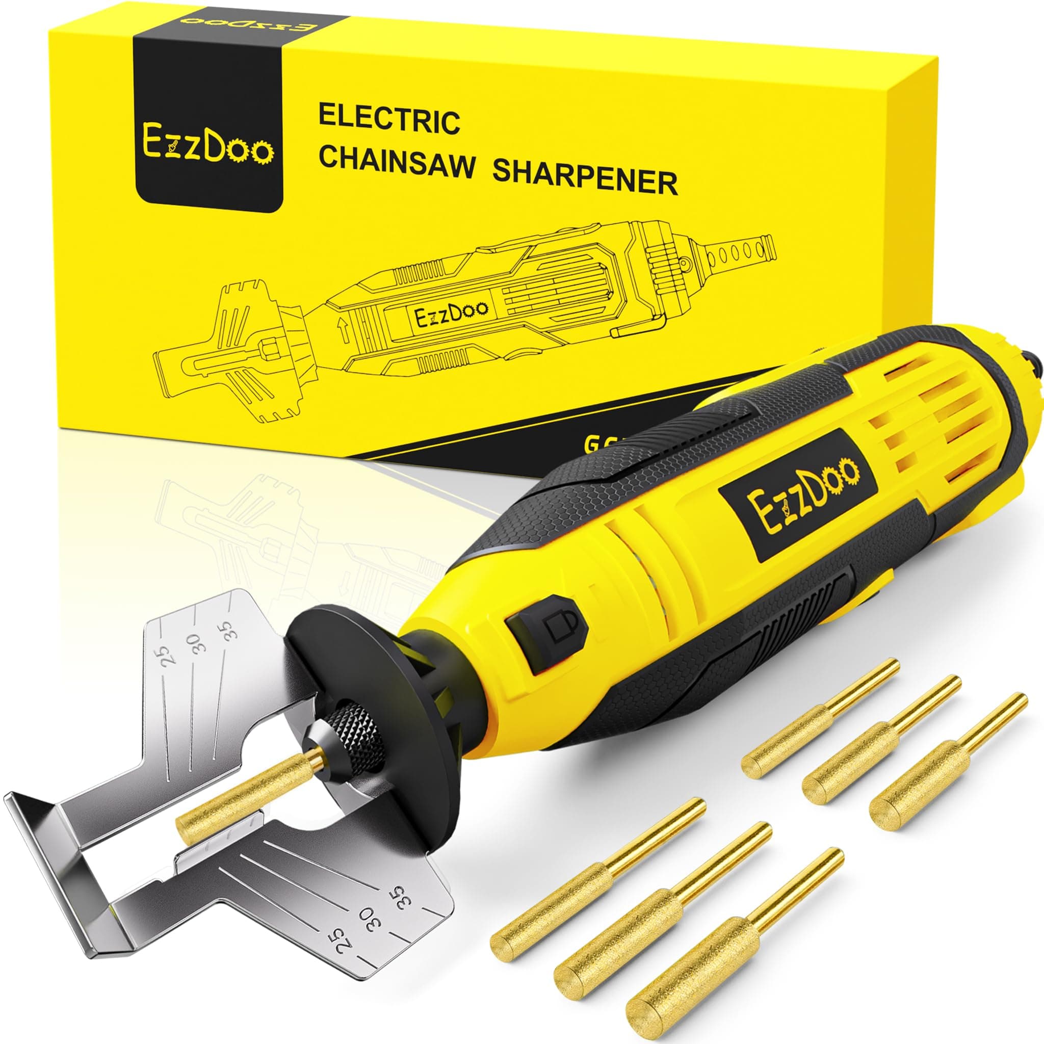 Electric Chainsaw Sharpener Kit with Titanium-Coated Diamond Bits - High-Speed Chain Saw Sharpener Tool and 6 High Hardness Sharpening Wheels for All Chainsaw Chains.