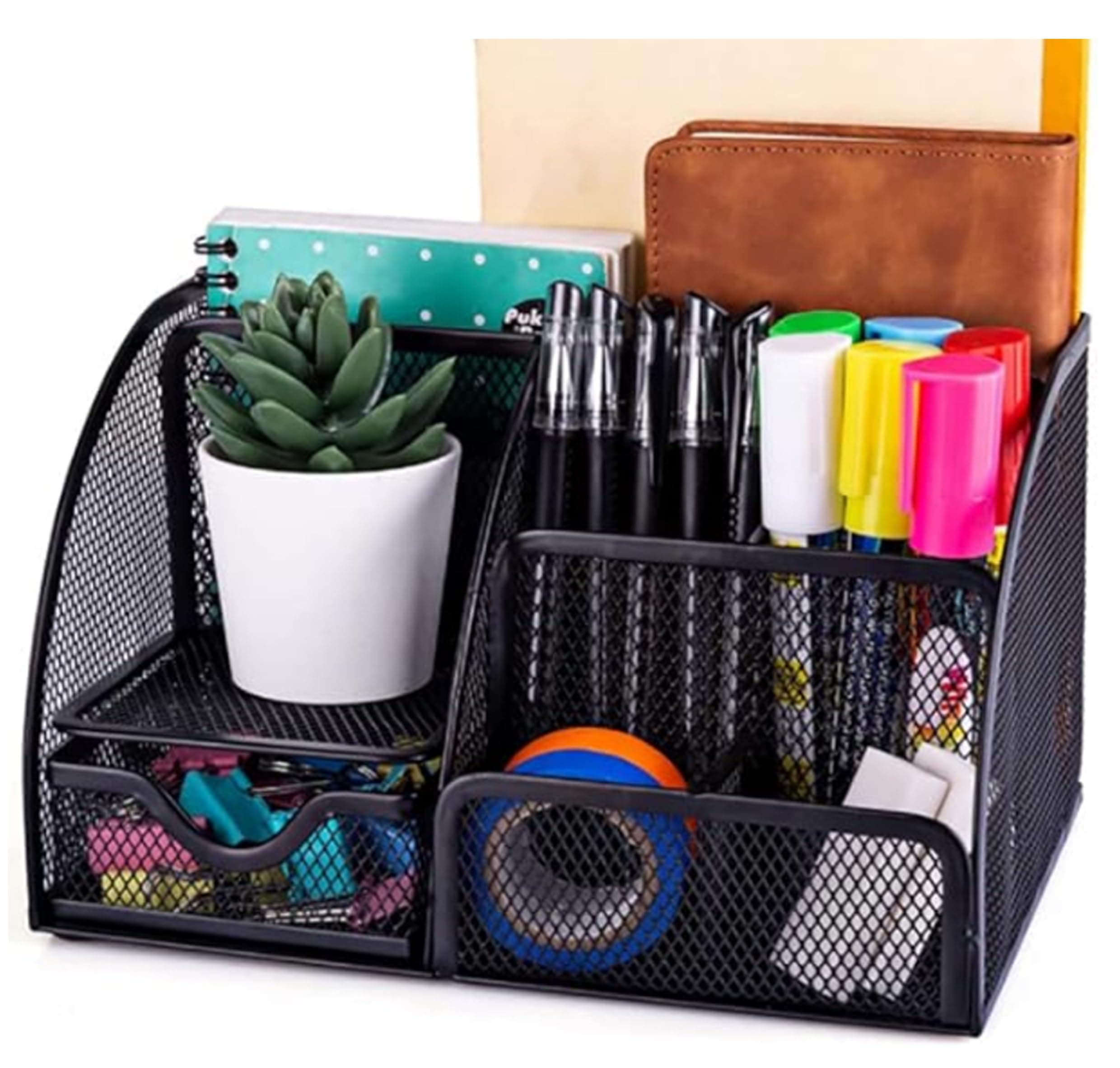 Zaroon Mesh Desk Organizer, Office Supplies, Multi-Functional Caddy Pen Holder Stationery Organizer for School, Office And Home, (6 Compartments and 1 Drawer)