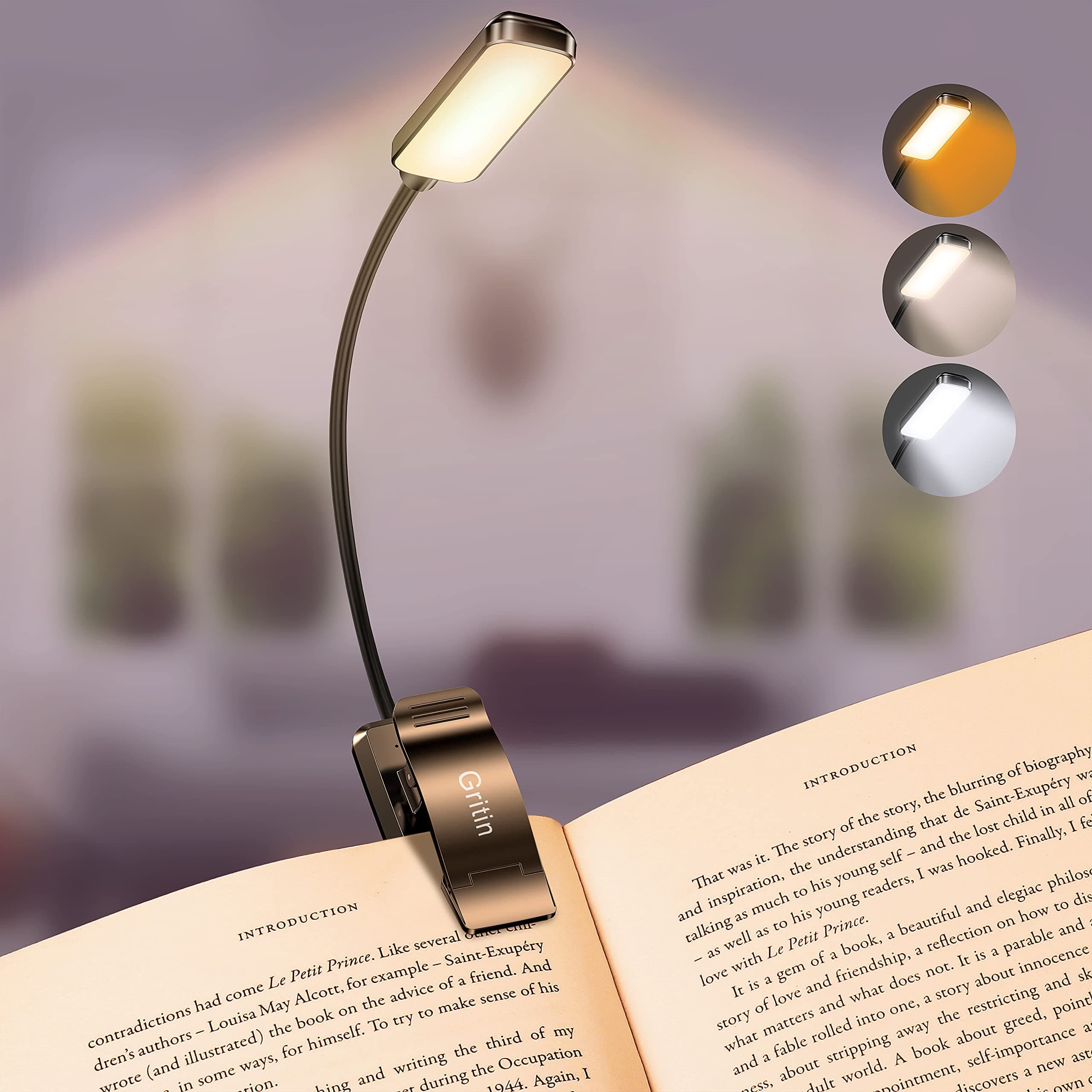 9 LED Book Light, Gritin USB Rechargeable Reading Light - Stepless Dimming x 3 Eye-Protecting Modes (Warm&Cool White Light), Power Indicator, Long Battery Life, Flexible Clip on Book Light for Reading