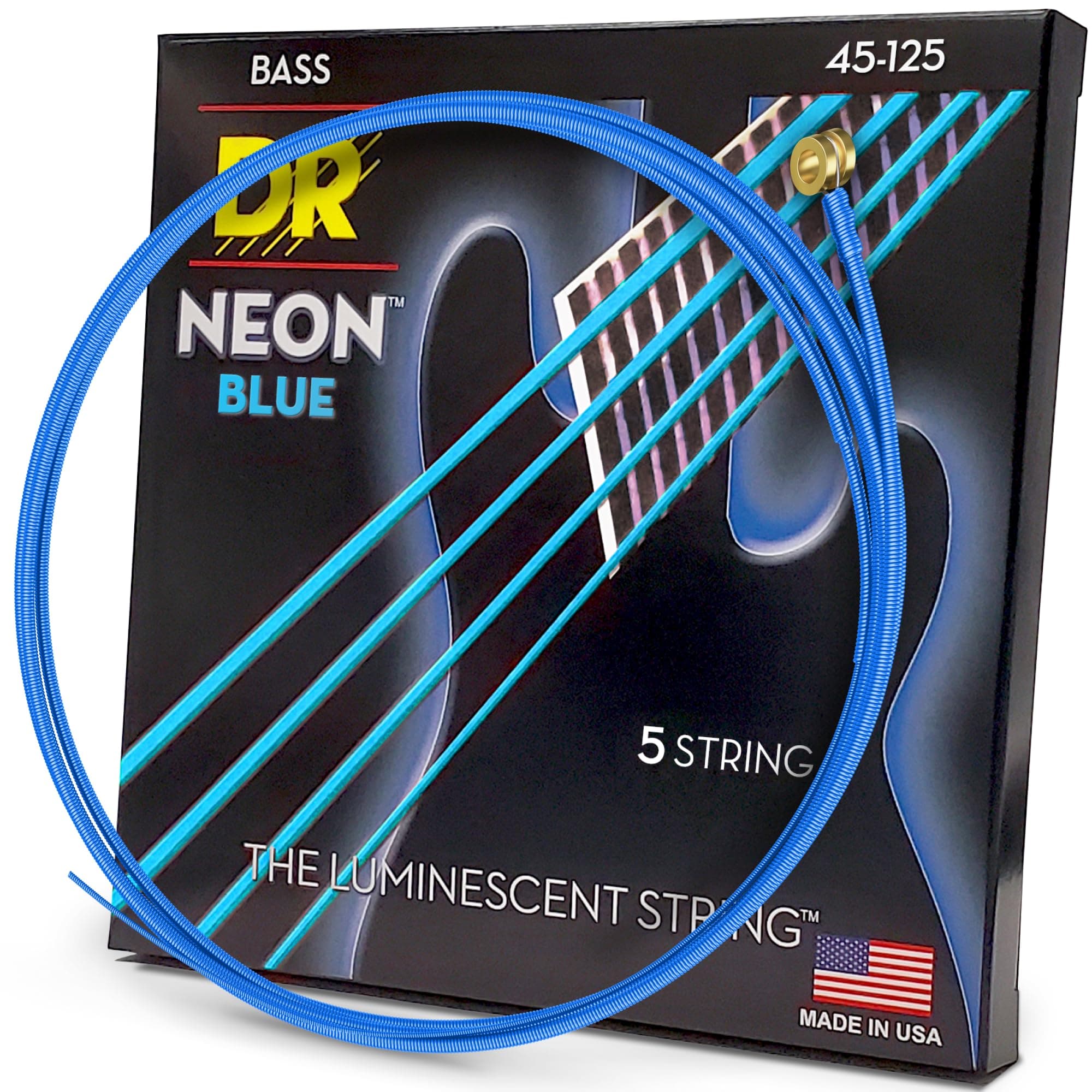 DR Strings HI-DEF NEON™ - BLUE coloured Bass Strings: 5-String Medium 45-125