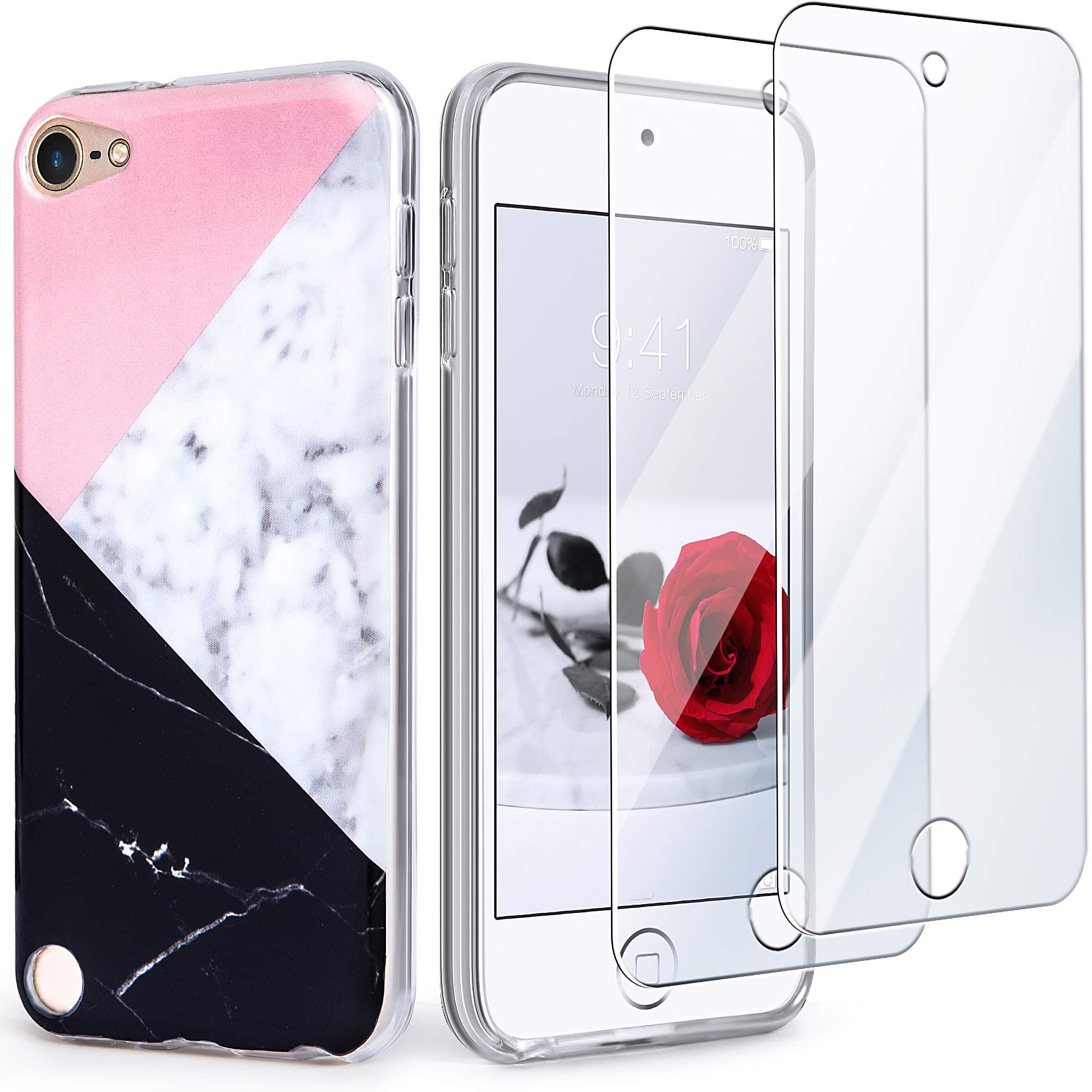 IDWELL iPod Touch 7th Generation Case with 2 Screen Protectors, Slim FIT Anti-Scratch Flexible Soft TPU Bumper Shockproof Protective Case for iPod Touch 5/6/7th Generation, Geometric Marble