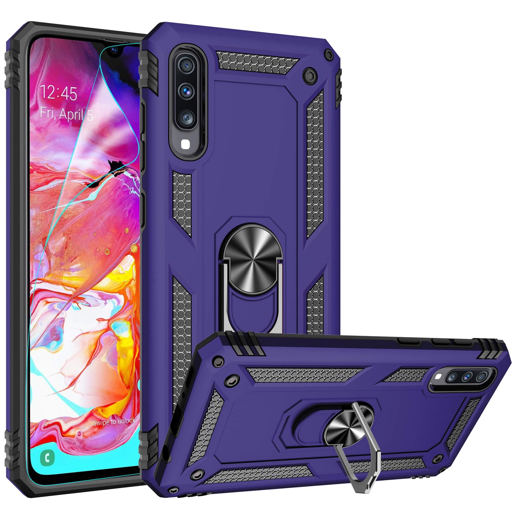 Compatible for Samsung Galaxy A70 Case, Galaxy A70S Case with HD Screen Protector, Gritup Military-Grade Shockproof Protective Phone Case with Magnetic Kickstand Ring for Samsung A70 / A70S Purple