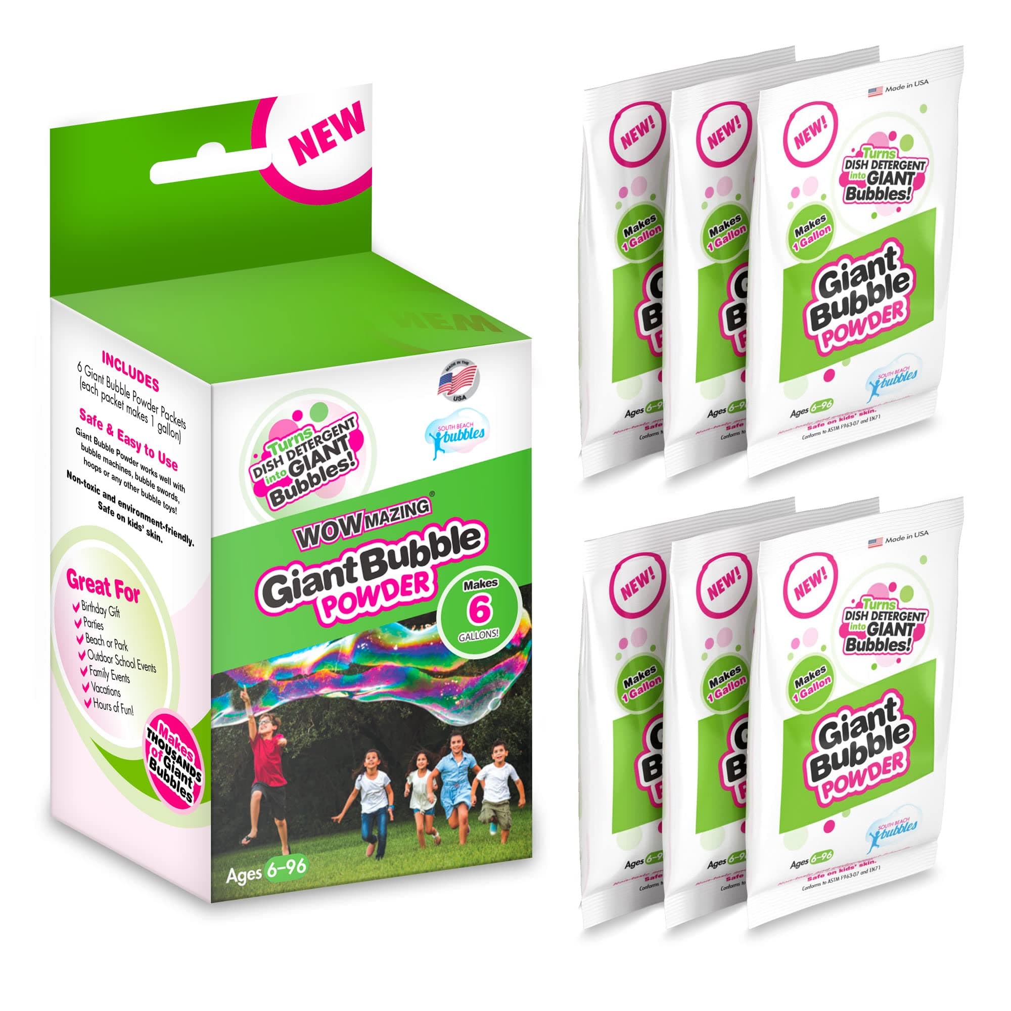 Big Bubble Refill Powder Mix (6 Packets) - Turns Dish Detergent into Giant Bubbles. Makes 6 GALLONS! - Made in USA