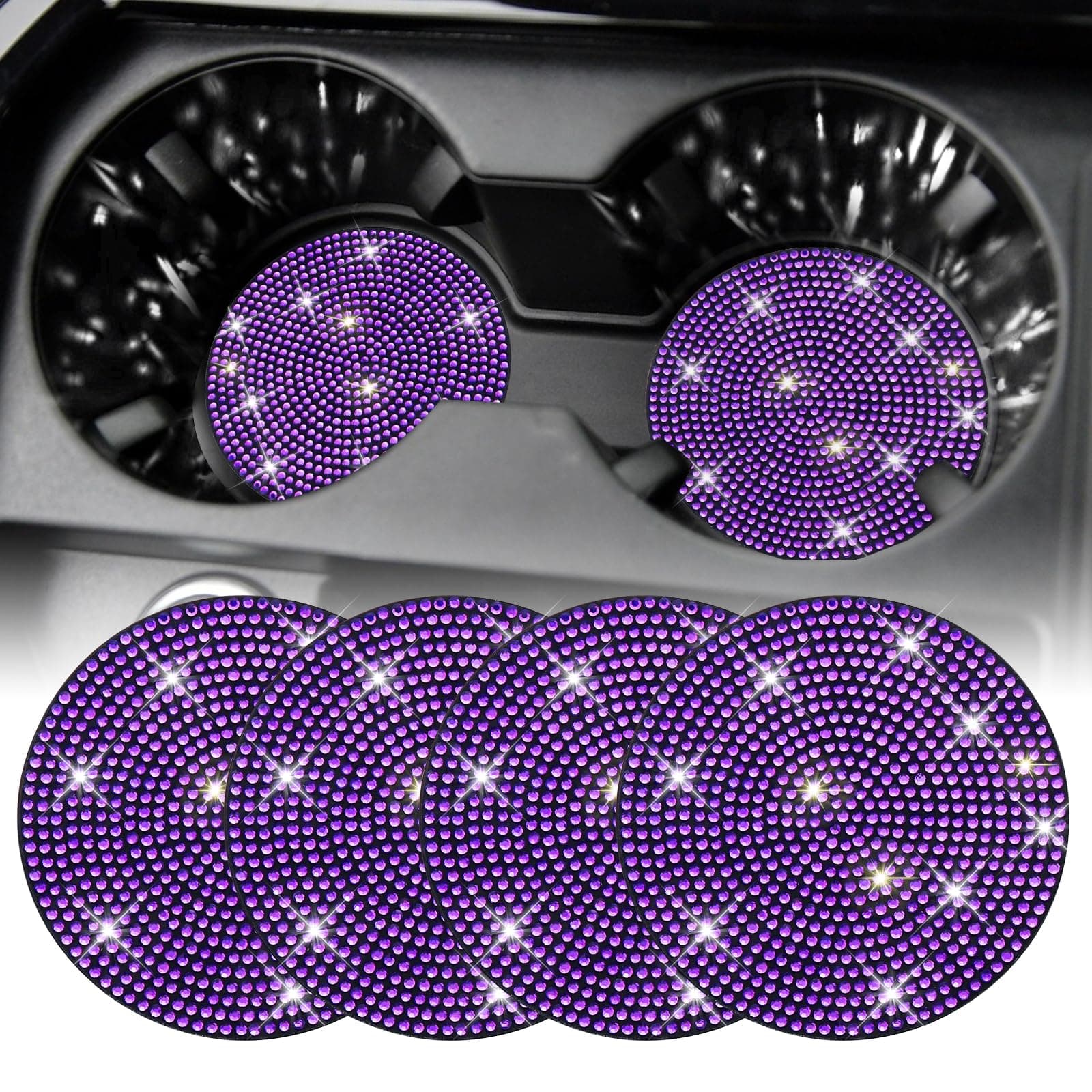 SINGARO Bling Cup Holder Coasters for Car, 4PCS Universal Non-Slip Cup Holder, Embedded Decorative Coasters, Shiny Crystal Car Interior Accessories Gifts for Women (Purple)