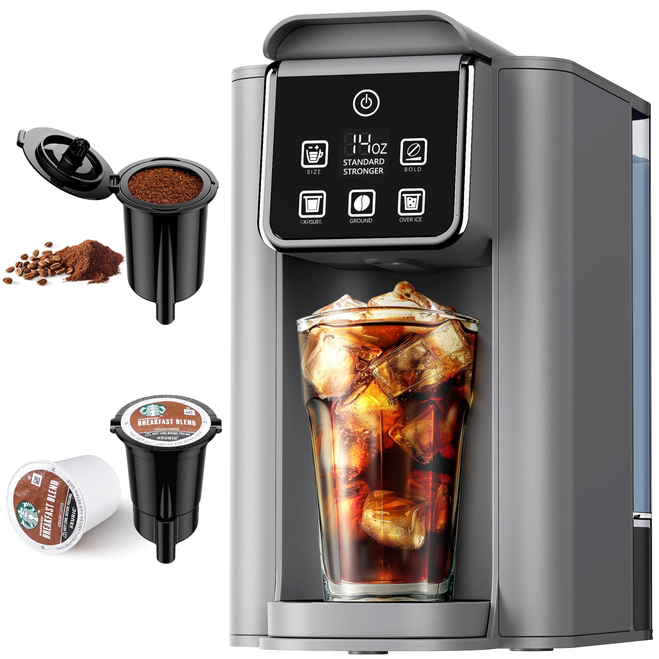 Hot & Iced Coffee Maker with Bold Setting, Single Serve Coffee Maker for K Cup and Grounds, 6-14 Oz Brew Sizes, 50 Oz Removable Water Tank, One Cup Coffee Machine with Reusable Filter, Grey