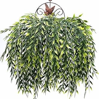 Artificial Weeping Willow Plants, Fake Hanging Vine Decor Plastic Greenery Leaves Faux Ivy for Indoor Outdoor Garden Door Wall DIY Basket Planter Filler Wedding Party Decoration Blackish Green 4 Pack