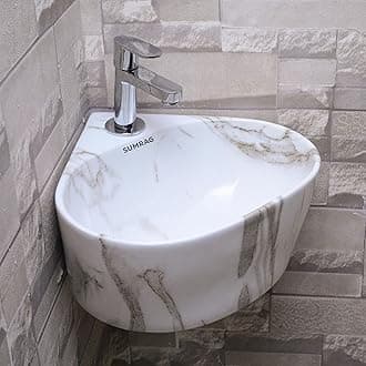Ceramic Small Wall-Mounted Corner Basin for Bathroom & Living Room (14.17 X 13.38 X 6.10 In),Glossy , Off White