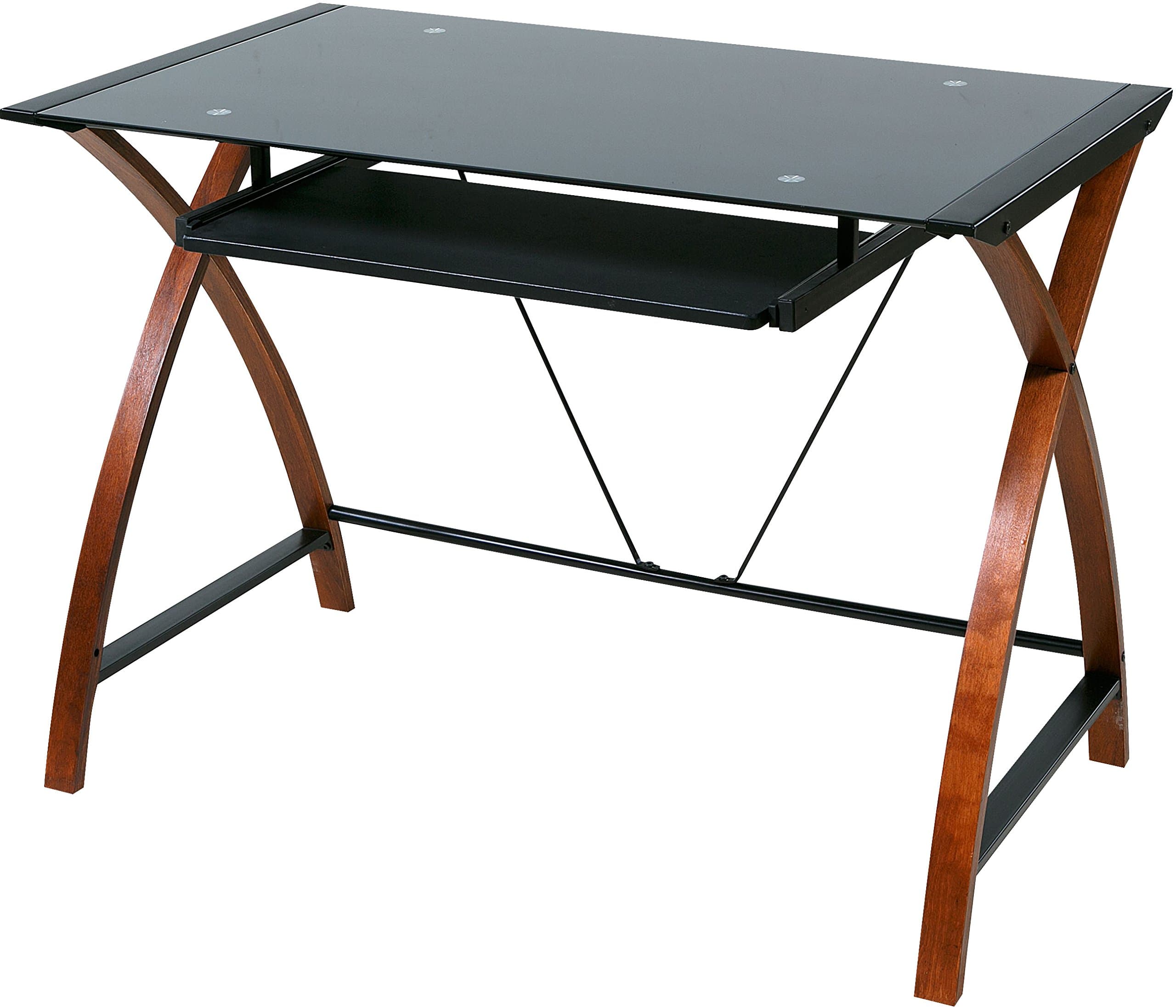 OneSpaceGlass and Wood Computer Desk with Pullout Keyboard Tray and Black Glass Desktop, Black/Brown