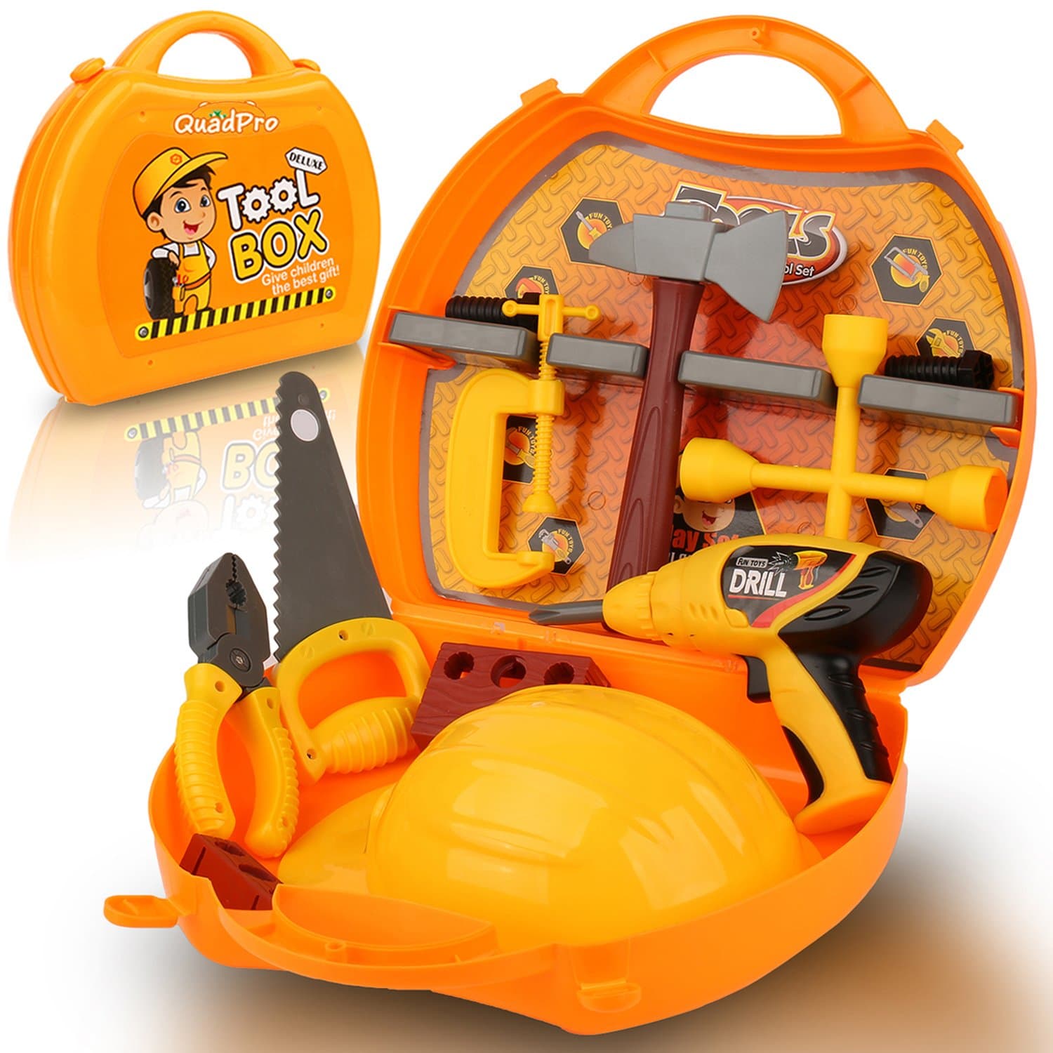 QuadPro Kids Toy Tool Set 21 Pieces Durable Tool Box with Electric Drill, Hammer, Hat and More,Toddler STEM Toys for Boys and Girls
