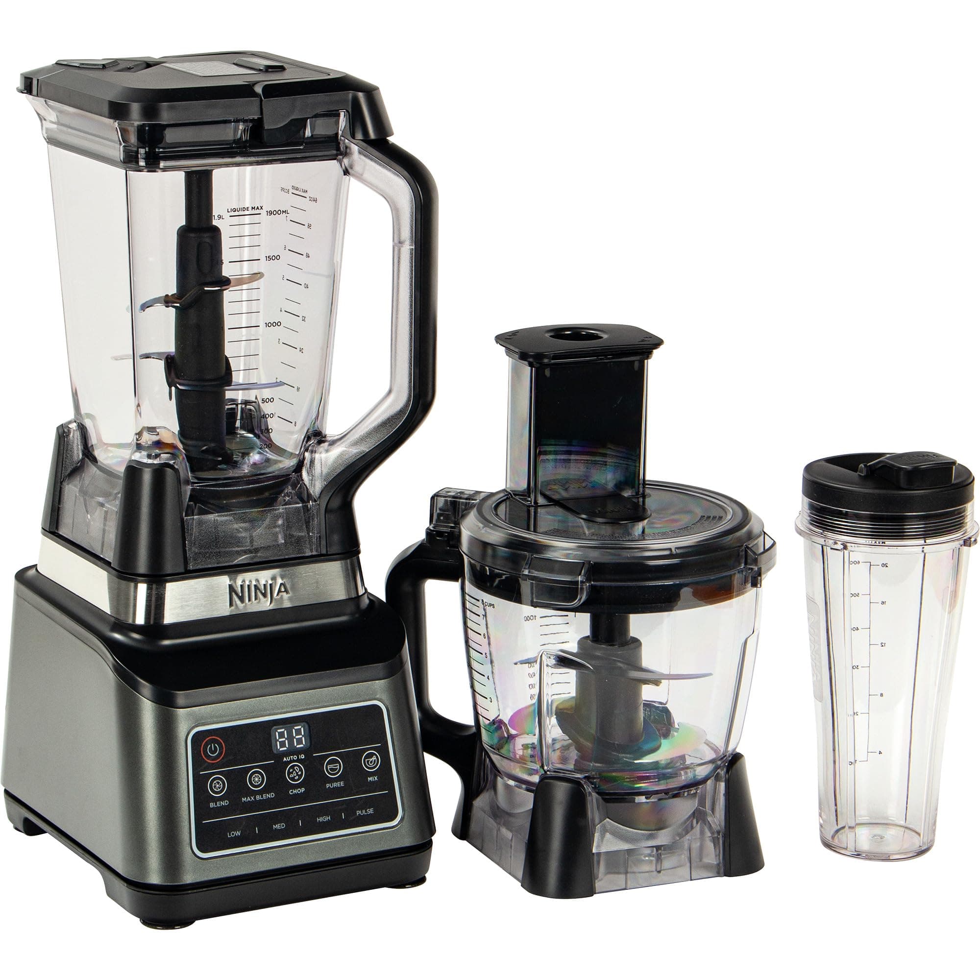 Ninja 3-in-1 Food Processor and Blender with 5 Programs: Mixer, Mixer Max, Chop, Mix, Puree, Bowl 1.8L, Jug 2.1L, Cup 700ml, 1200W, Dishwasher Safe, Auto-iQ, Black BN800EU