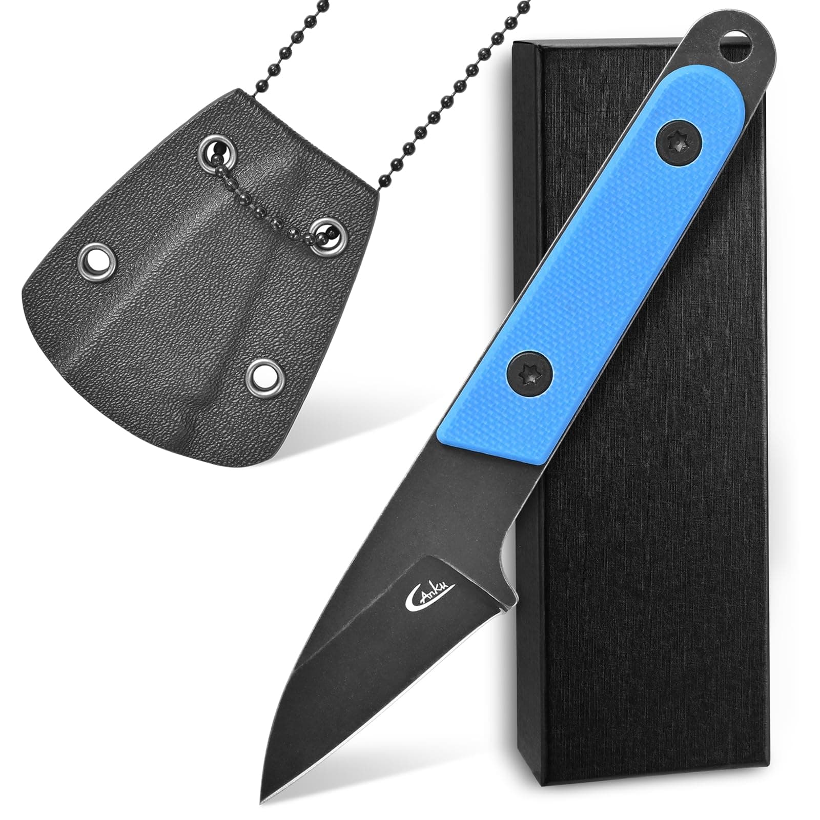 C1295 Fixed Blade Knife,9Cr18Mov Blade G10 Handle EDC Tool Neck Knife with kydex Sheath for Outdoor, Camping, Hiking, Fishing(Blue)