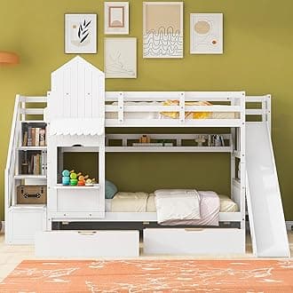 Twin Over Twin Bunk Bed for Kids, Castle Bunk Beds with 2 Drawers 3 Shelves and Slide, Solid Wood Twin Bunk Bed for Kids Girls Boys Teens (White)