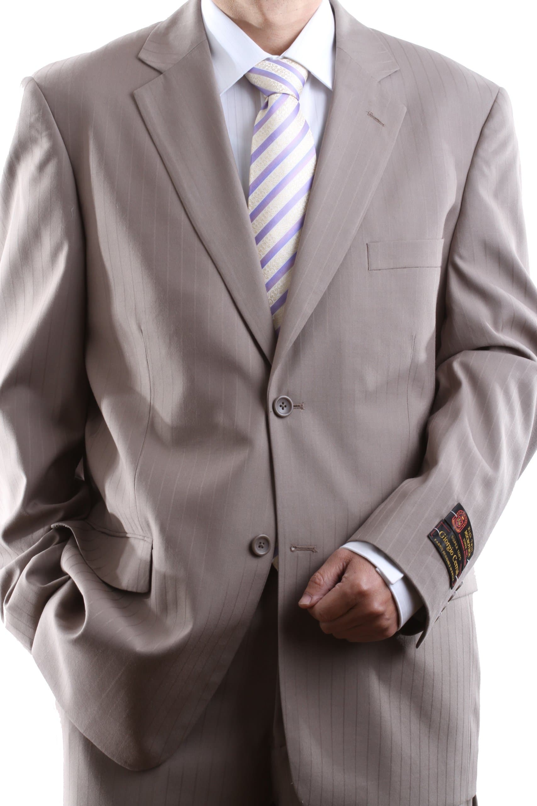 Men's Super 150s Single Breasted Two Button Tan Tonal Stripe Dress Suit Flat Front