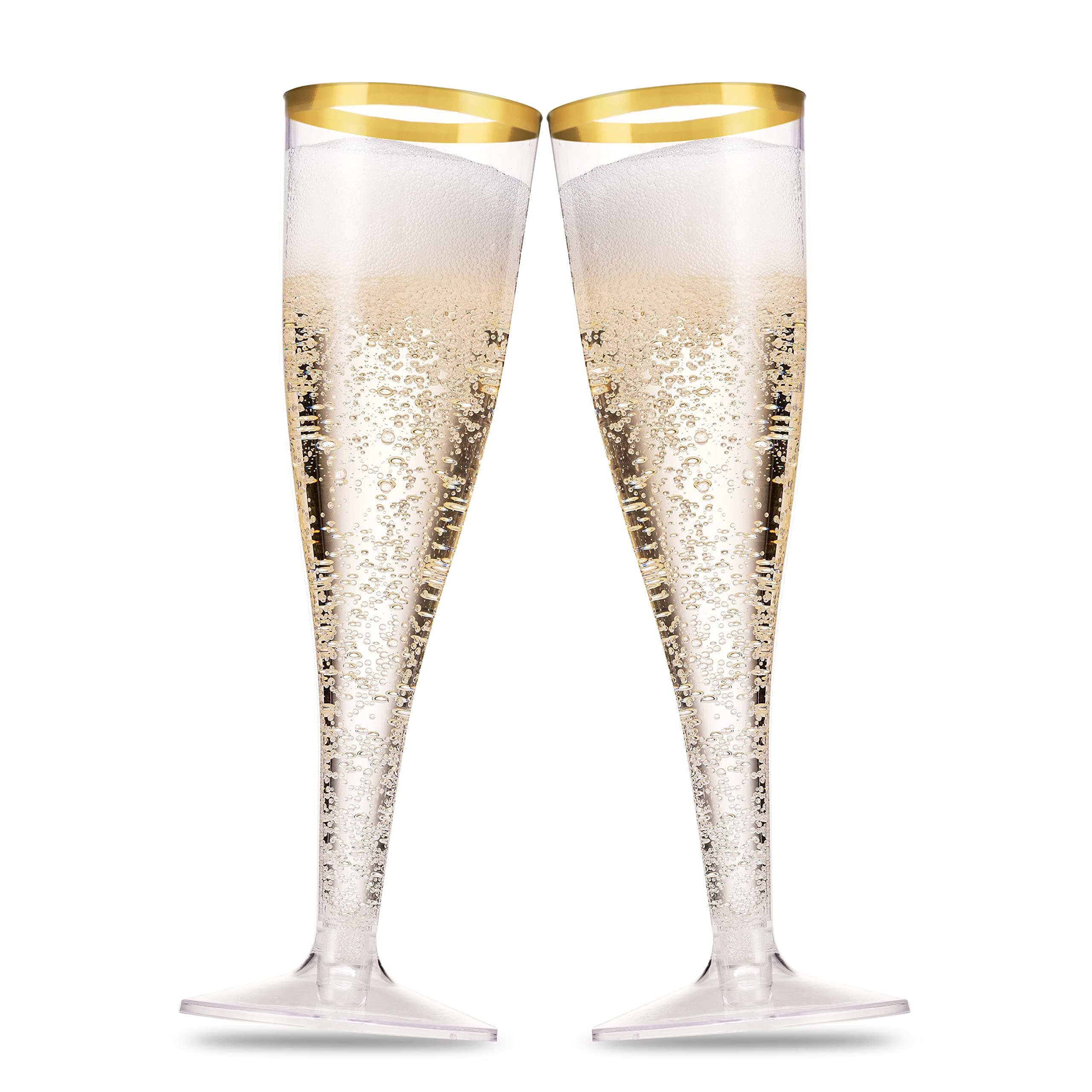 100 Pack Gold Plastic Champagne Flutes, 5 Oz Clear Plastic Toasting Glasses Fancy Disposable Wedding Party Cocktail Cups with Gold Rim
