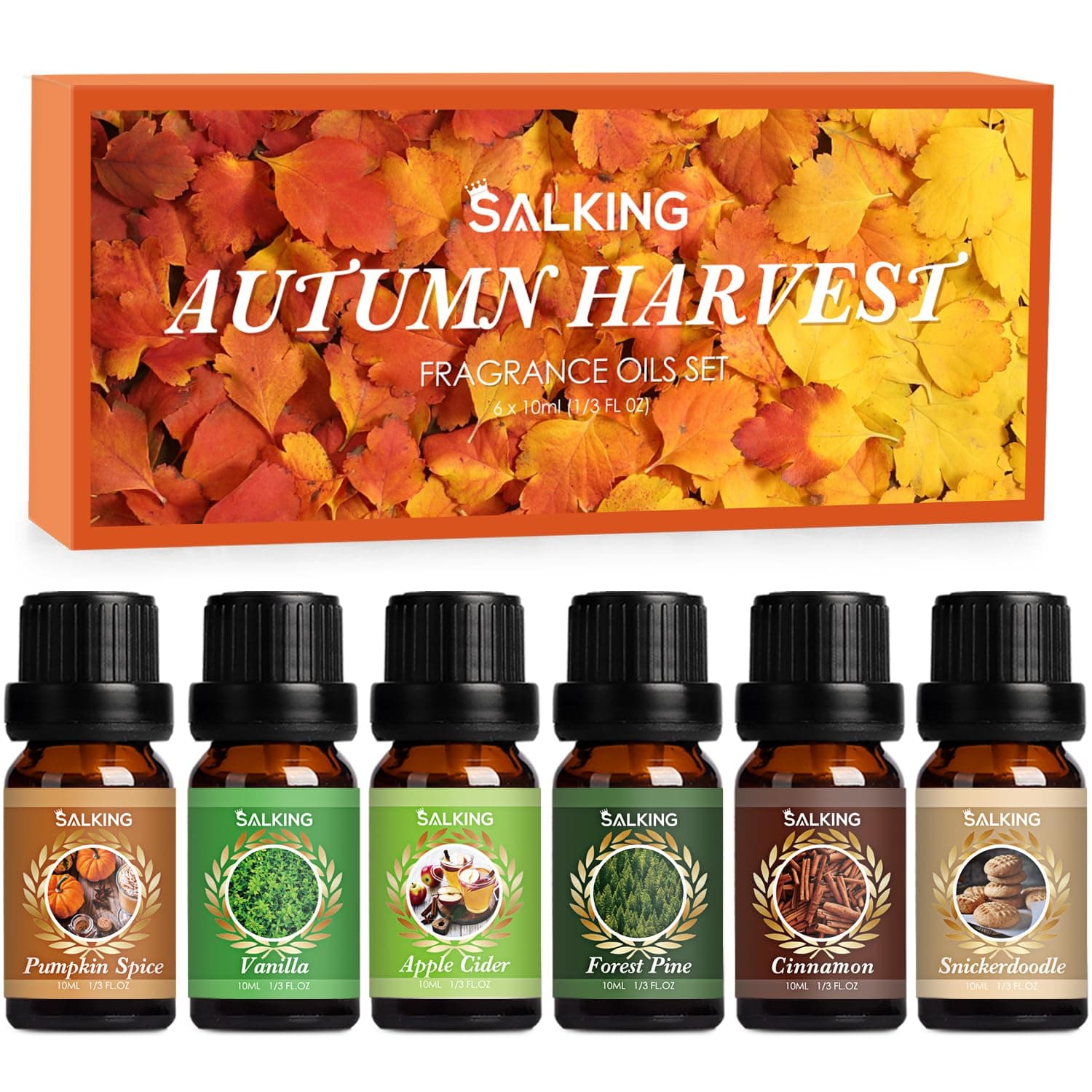 SALKING Autumn Oils Set, Premium Fall Essential Oils for Diffuser, Fragrance Oils Gift Set for Soap Candle Making Scents - Cinnamon, Pumpkin Spice, Apple Cider, Vanilla, Forest Pine, Snickerdoodle
